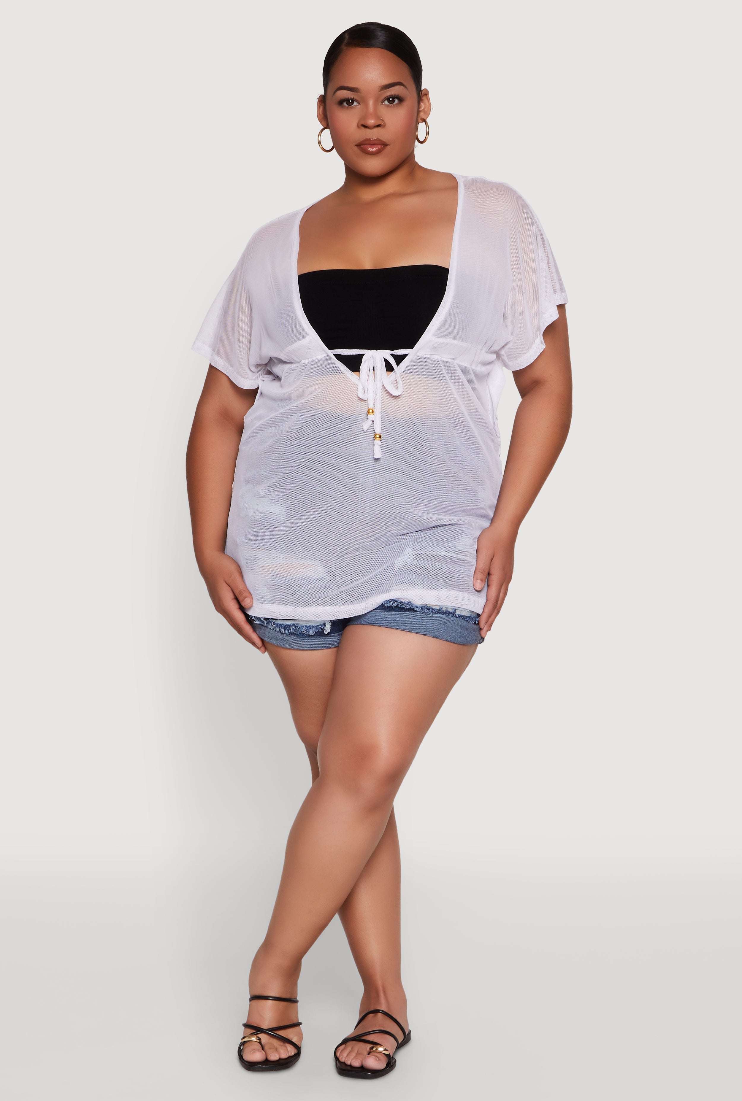 Plus Size Mesh Tie Front Cover Up