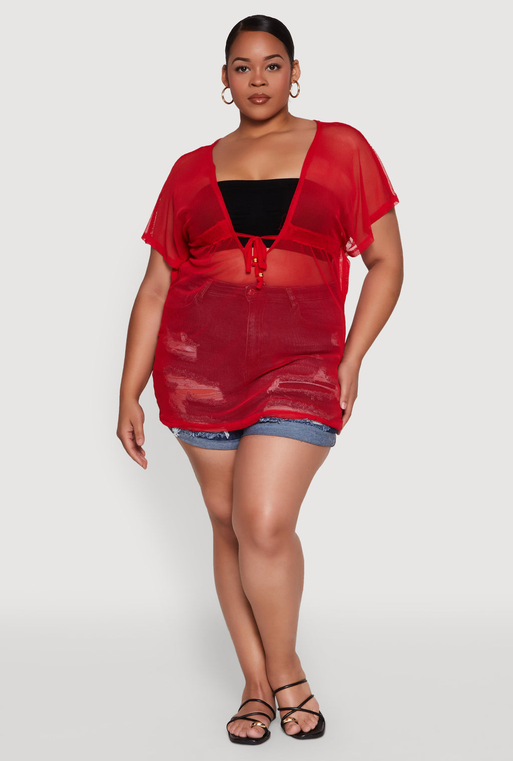 Plus Size Mesh Tie Front Cover Up
