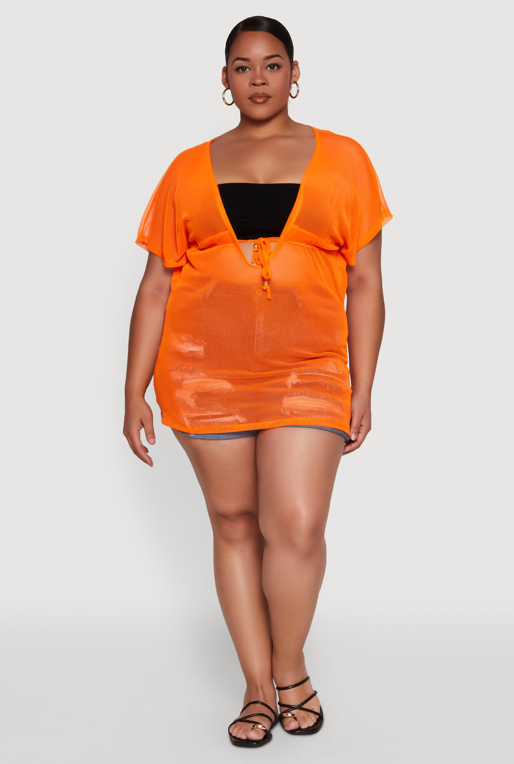 Plus Size Mesh Tie Front Cover Up