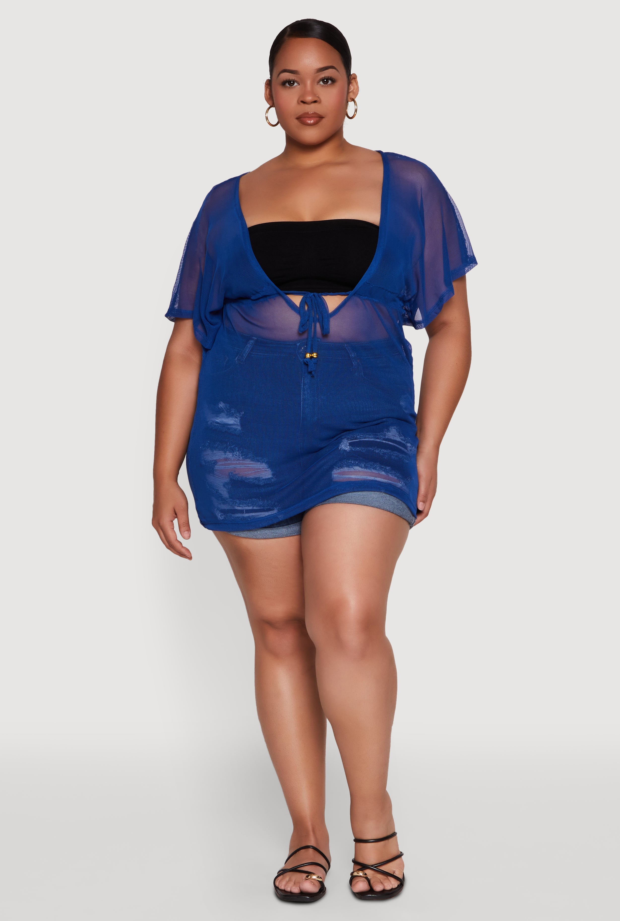 Plus Size Mesh Tie Front Cover Up