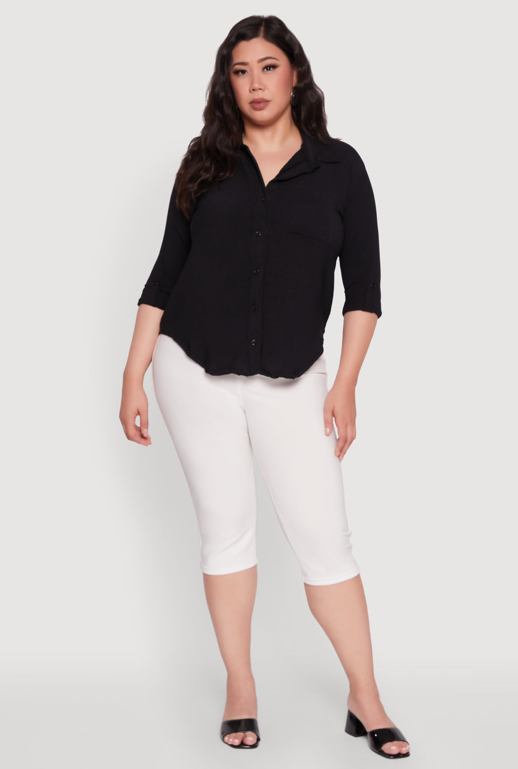 Plus Size Crepe Knit Classic Long Sleeve Shirt