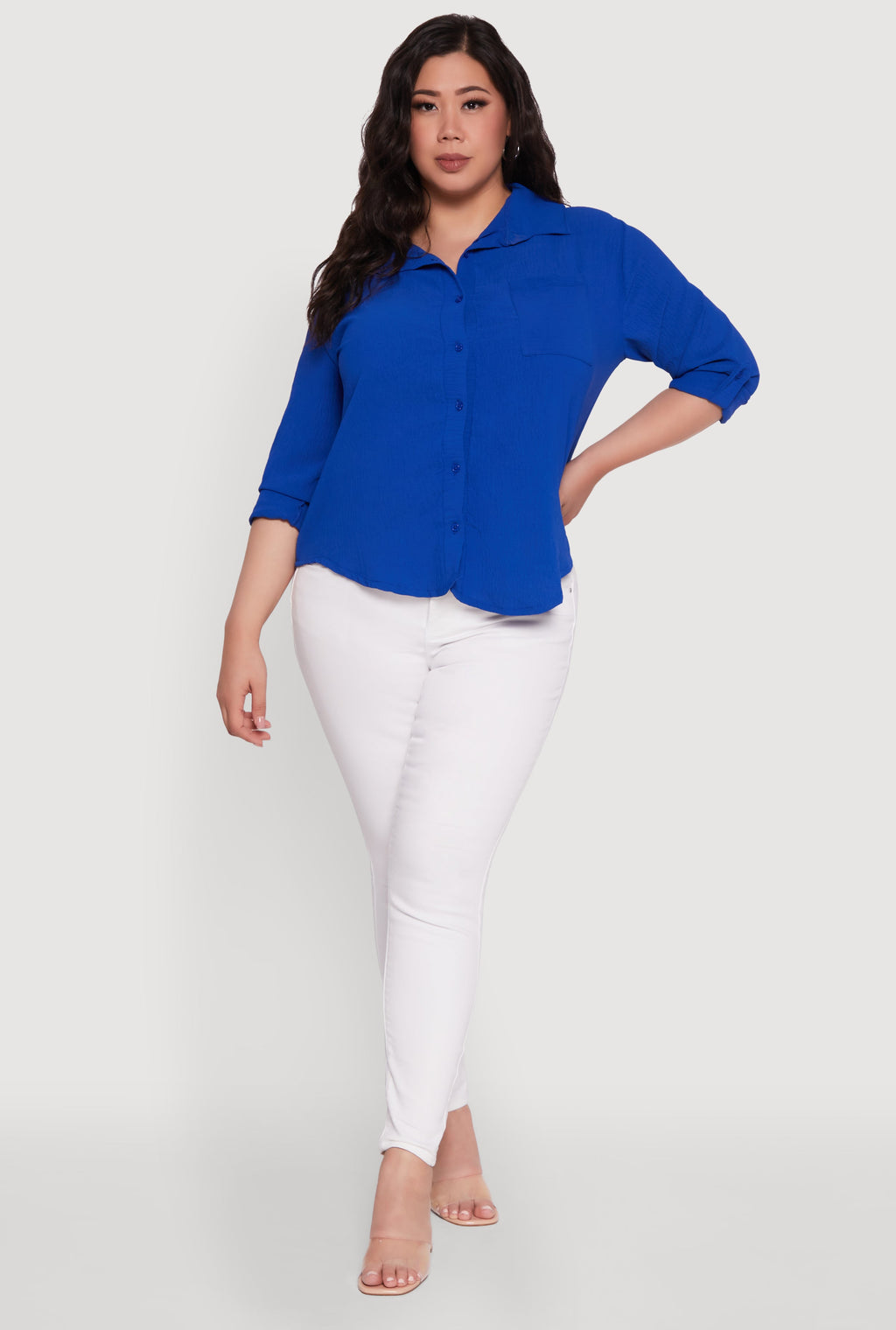 Plus Size Crepe Knit Classic Long Sleeve Shirt