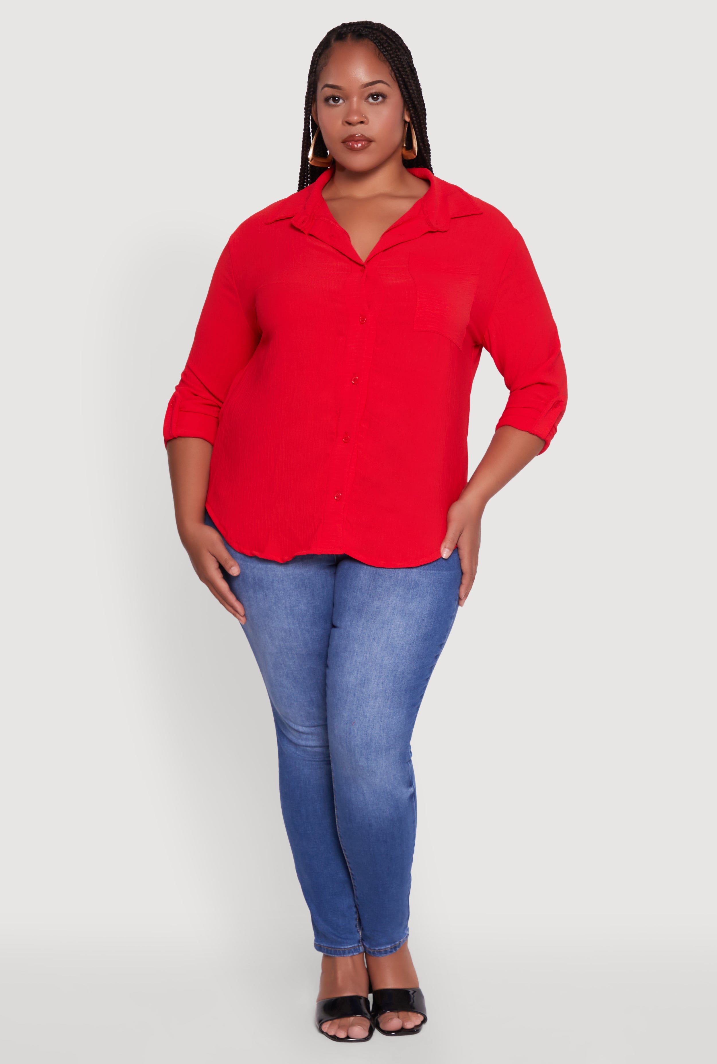 Plus Size Crepe Knit Classic Long Sleeve Shirt