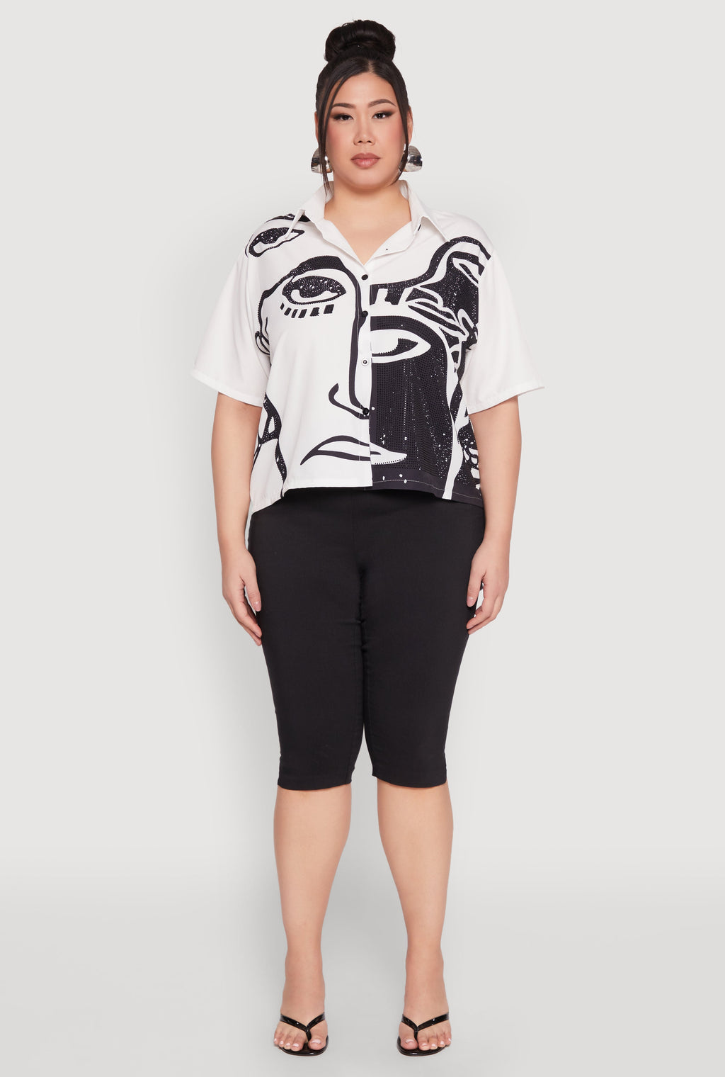 Plus Size Rhinestone Abstract Face Graphic Shirt