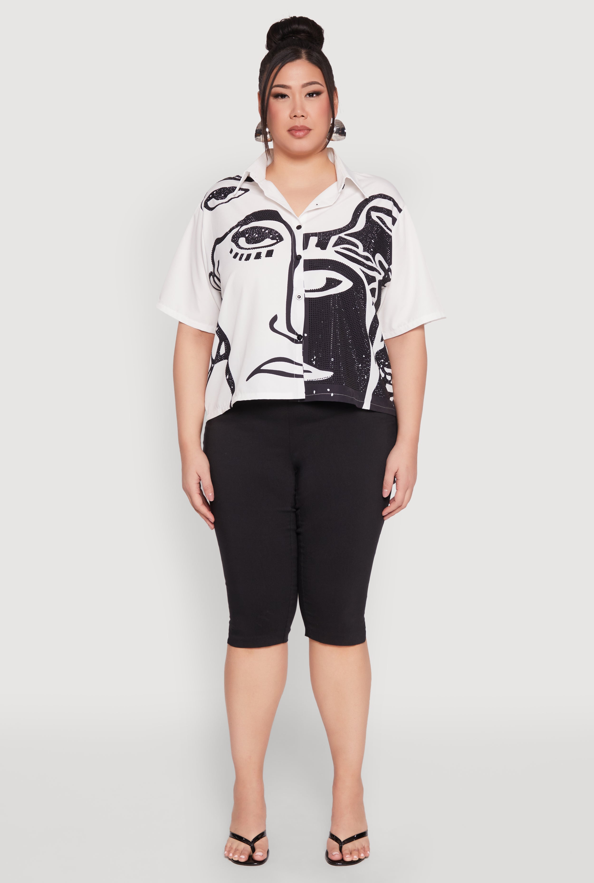 Plus Size Rhinestone Abstract Face Graphic Shirt