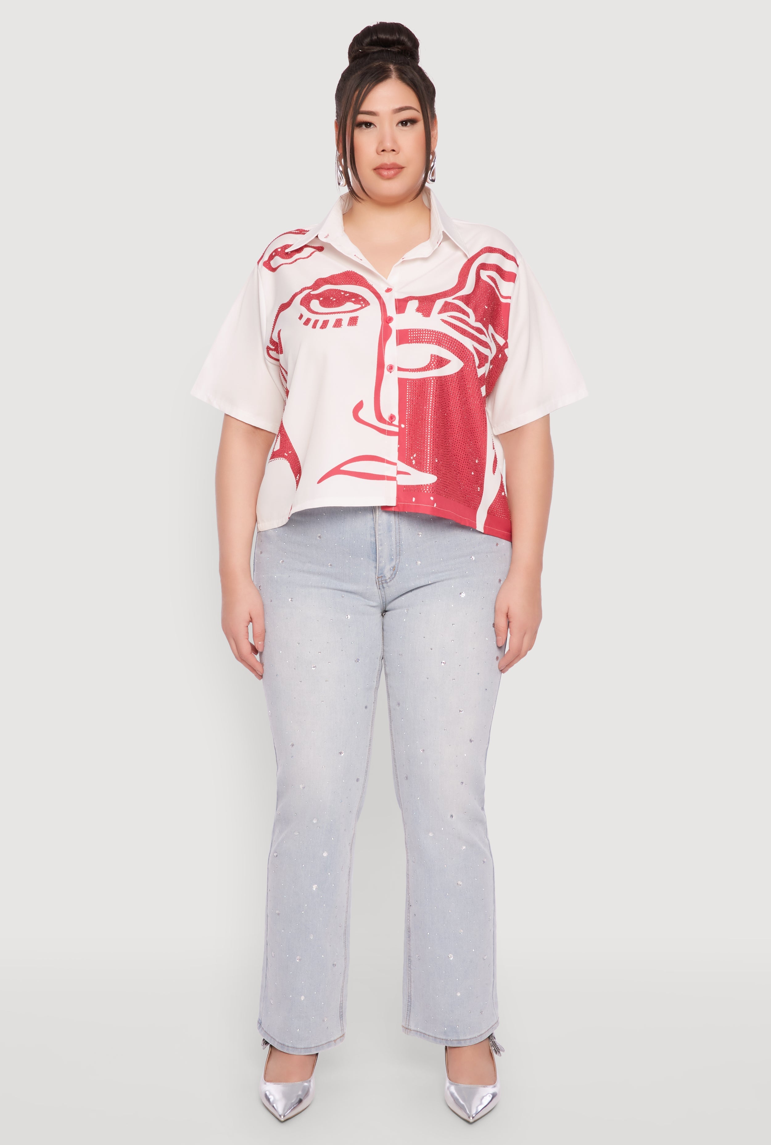 Plus Size Rhinestone Abstract Face Graphic Shirt