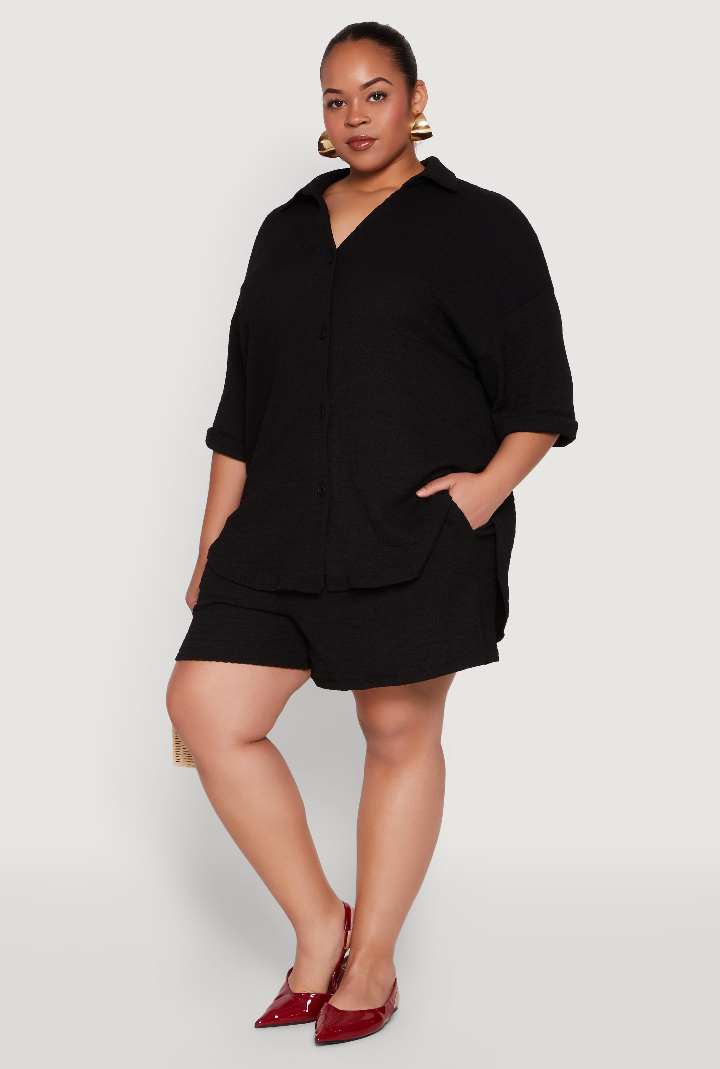 Plus Size Textured Knit High Waist Shorts