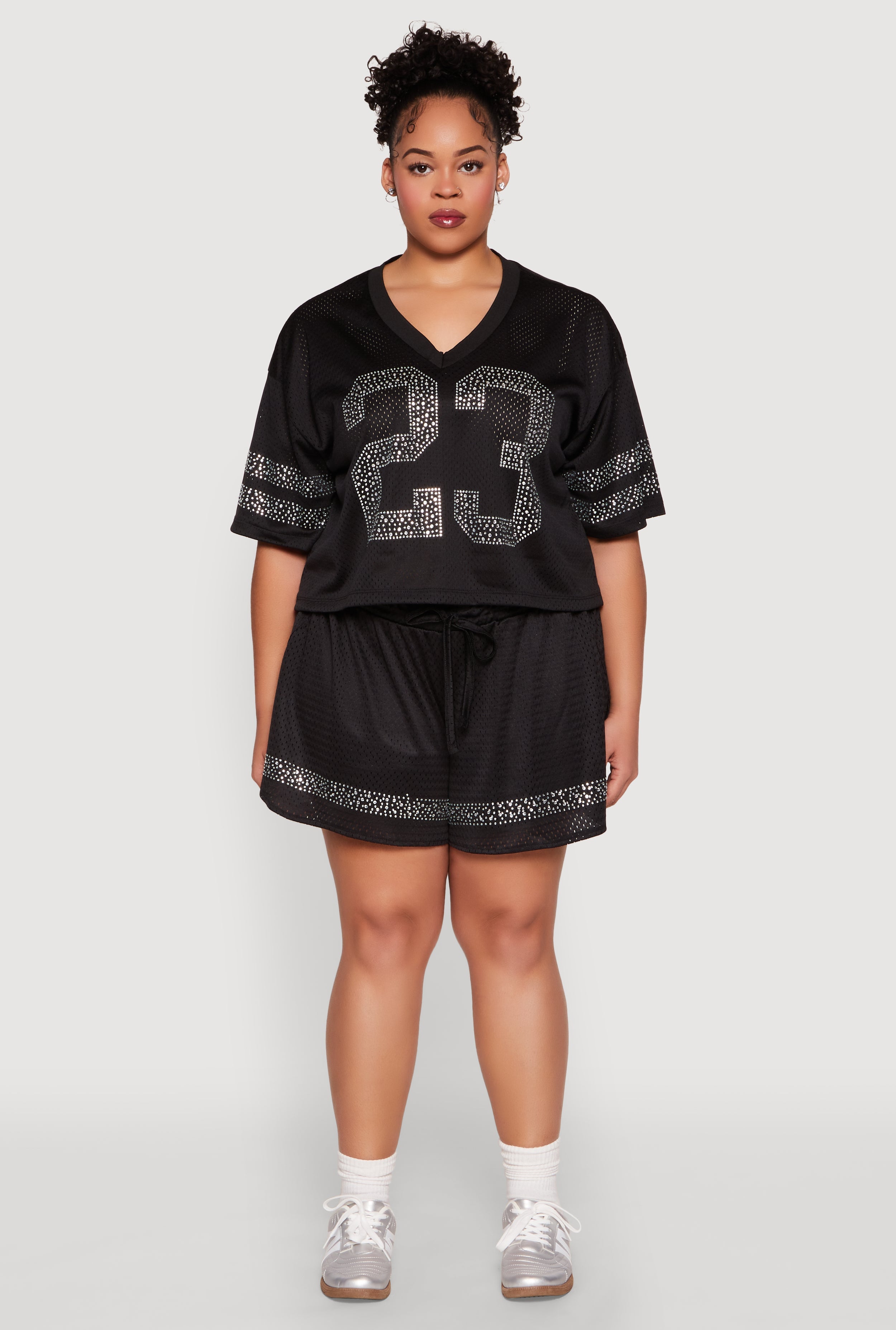 Plus Size Rhinestone Studded Jersey Mesh Shorts