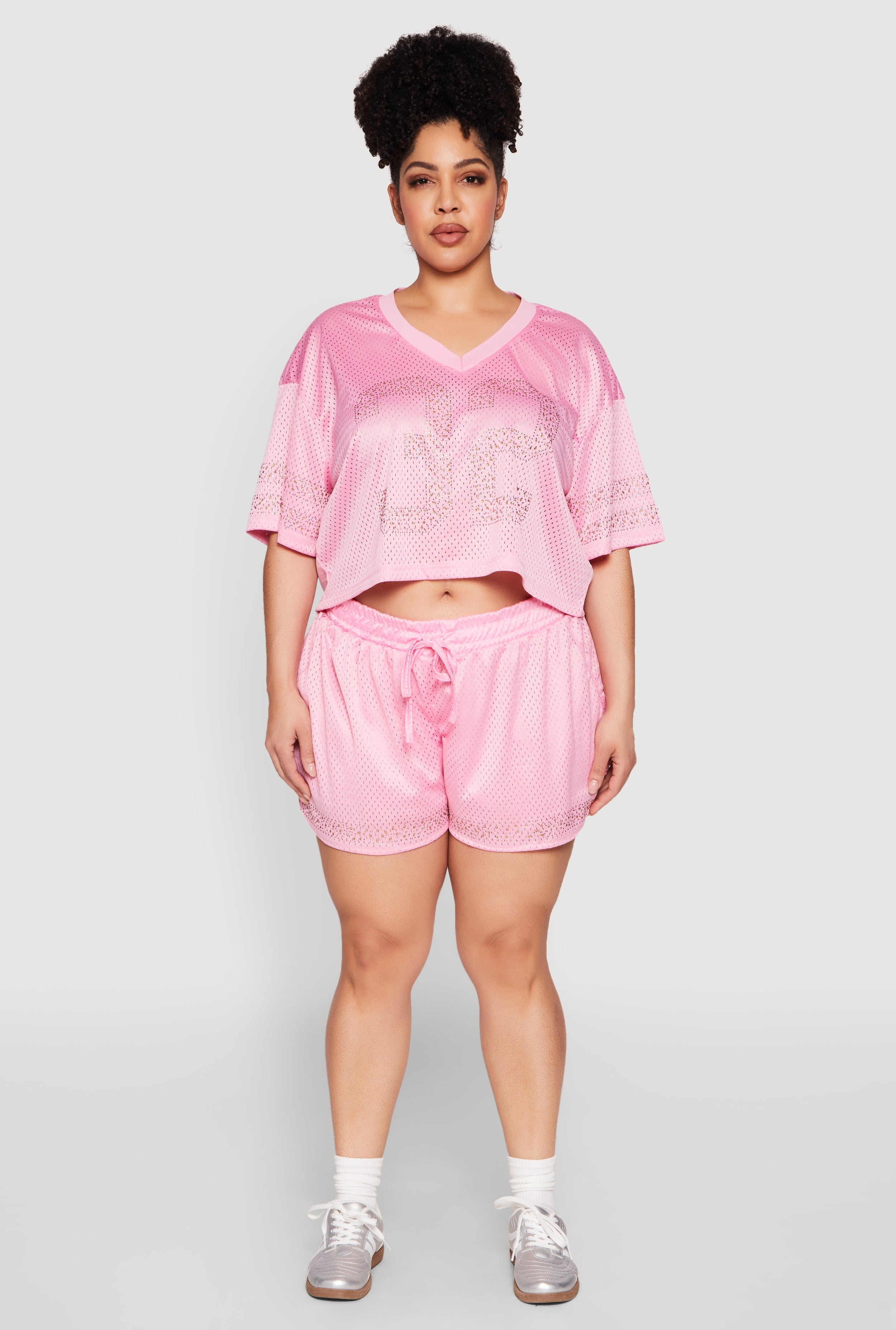 Plus Size Rhinestone Studded Jersey Mesh Shorts