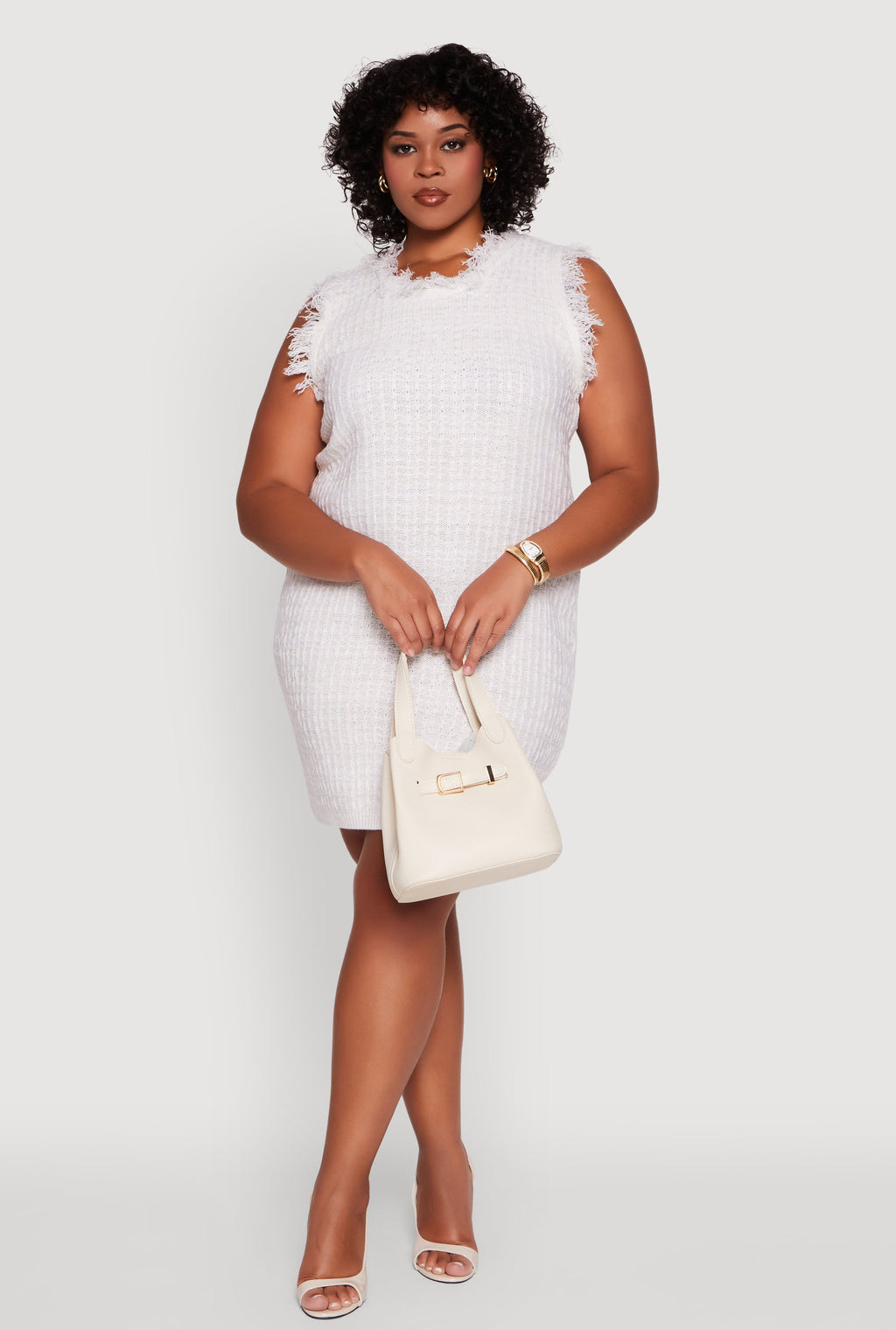 Plus Size Sleeveless Notch Neck Lurex Tweed Midi Dress