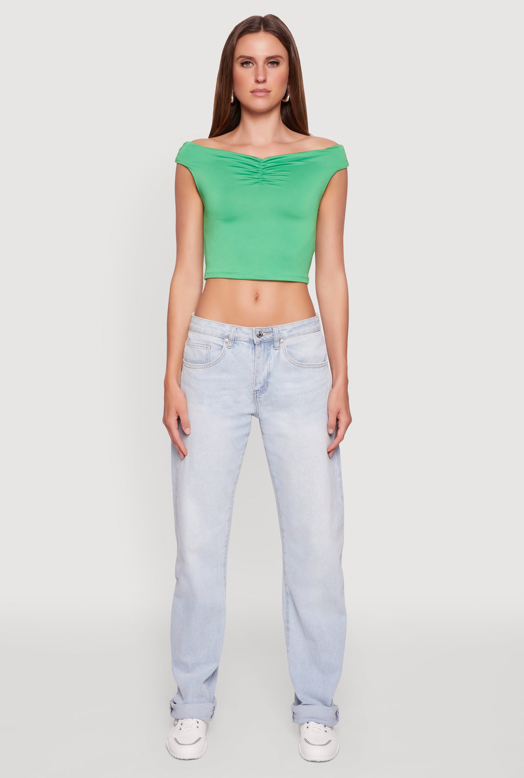 Solid Ruched Off Shoulder Crop Top