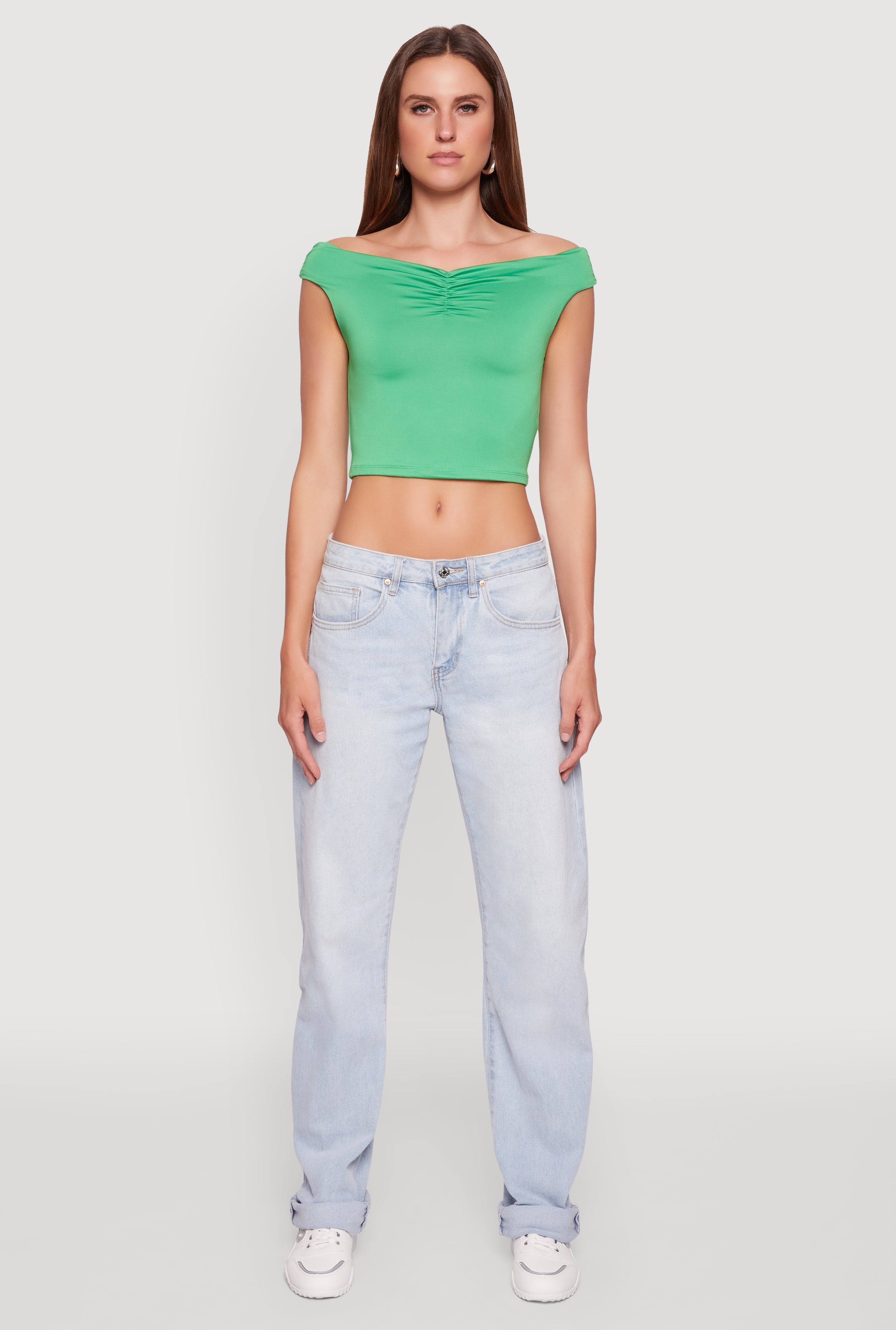 Solid Ruched Off Shoulder Crop Top