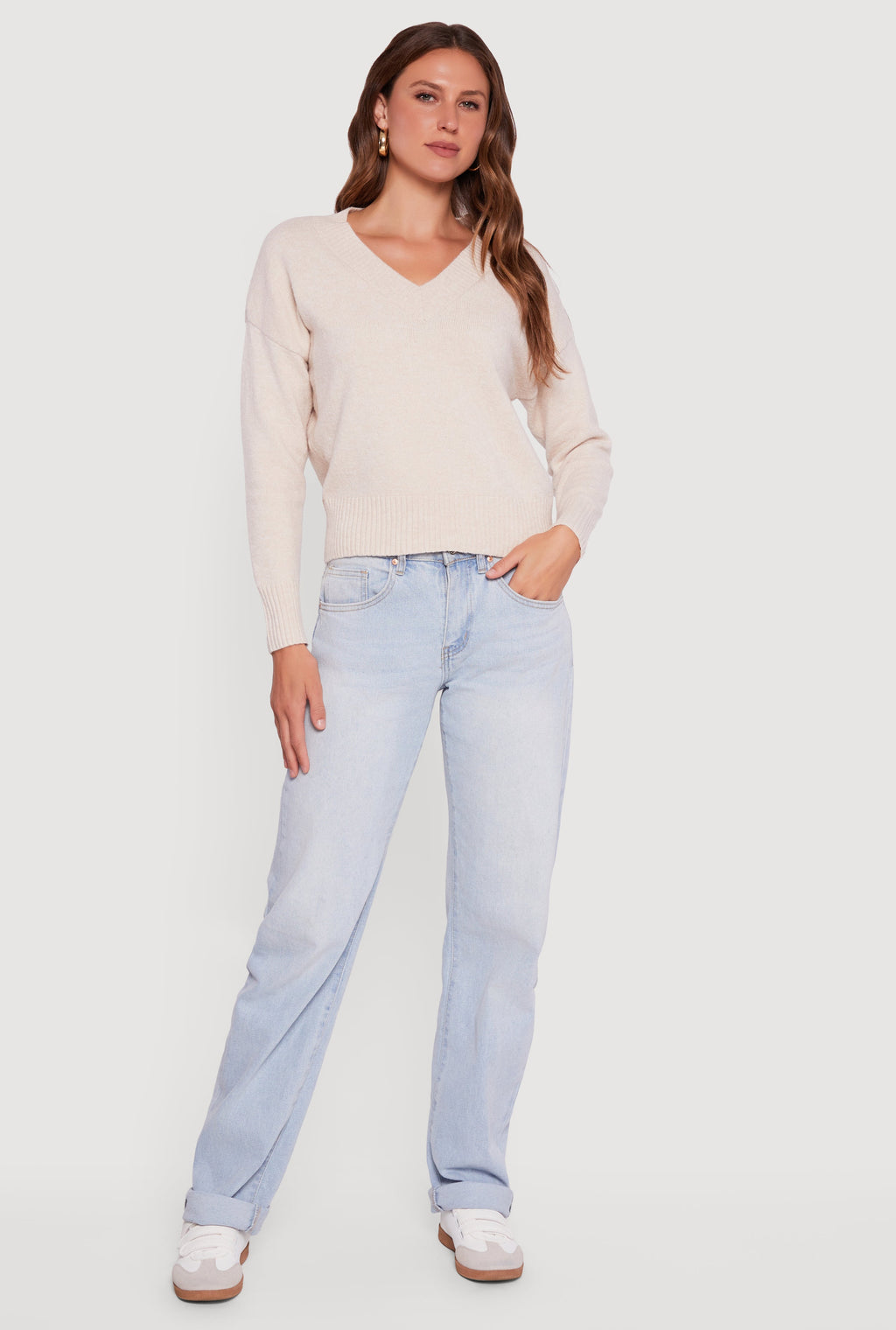 Brushed Knit Long Sleeve V-Neck Sweater