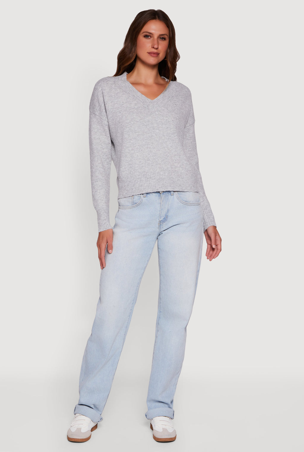 Brushed Knit Long Sleeve V-Neck Sweater