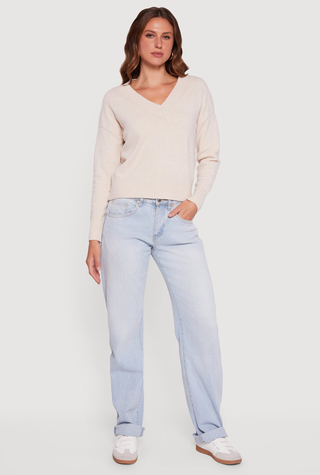 Brushed Knit Long Sleeve V-Neck Sweater