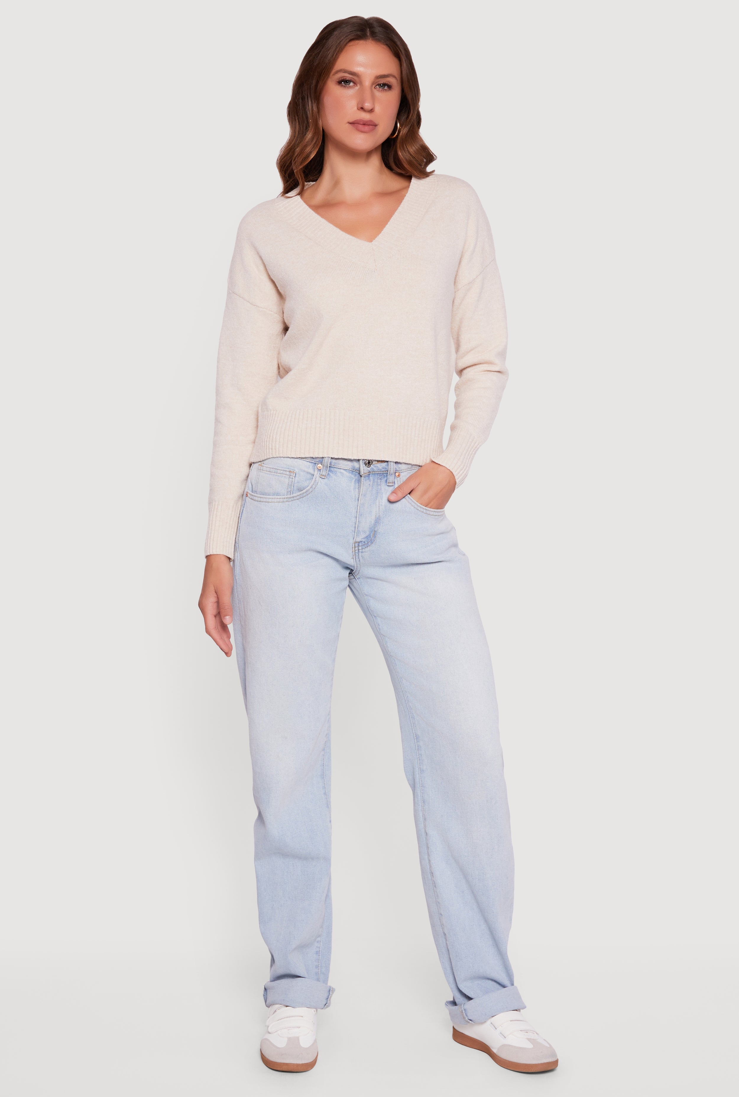 Brushed Knit Long Sleeve V-Neck Sweater