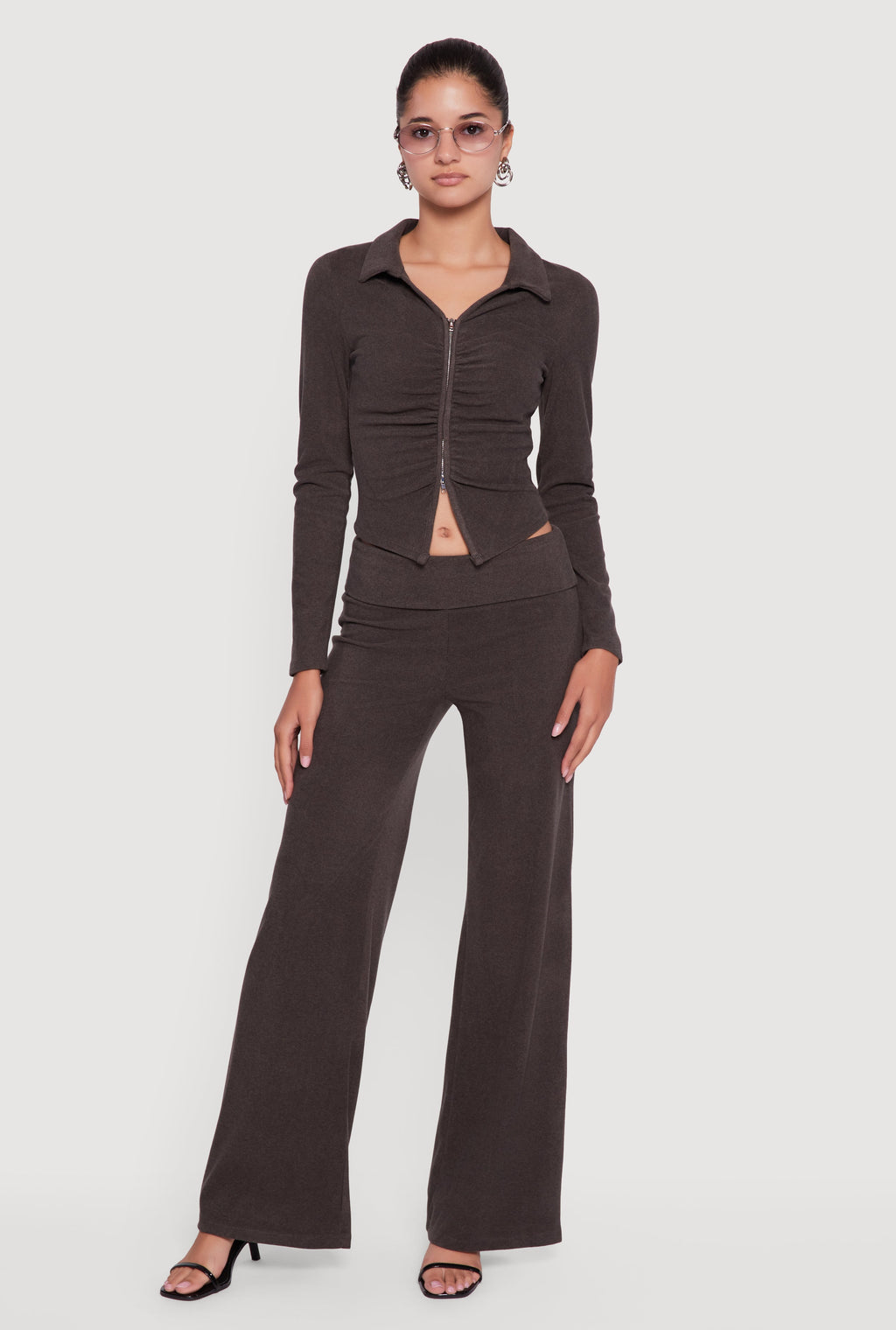 Brushed Ribbed Knit Fold Over Flare Pants