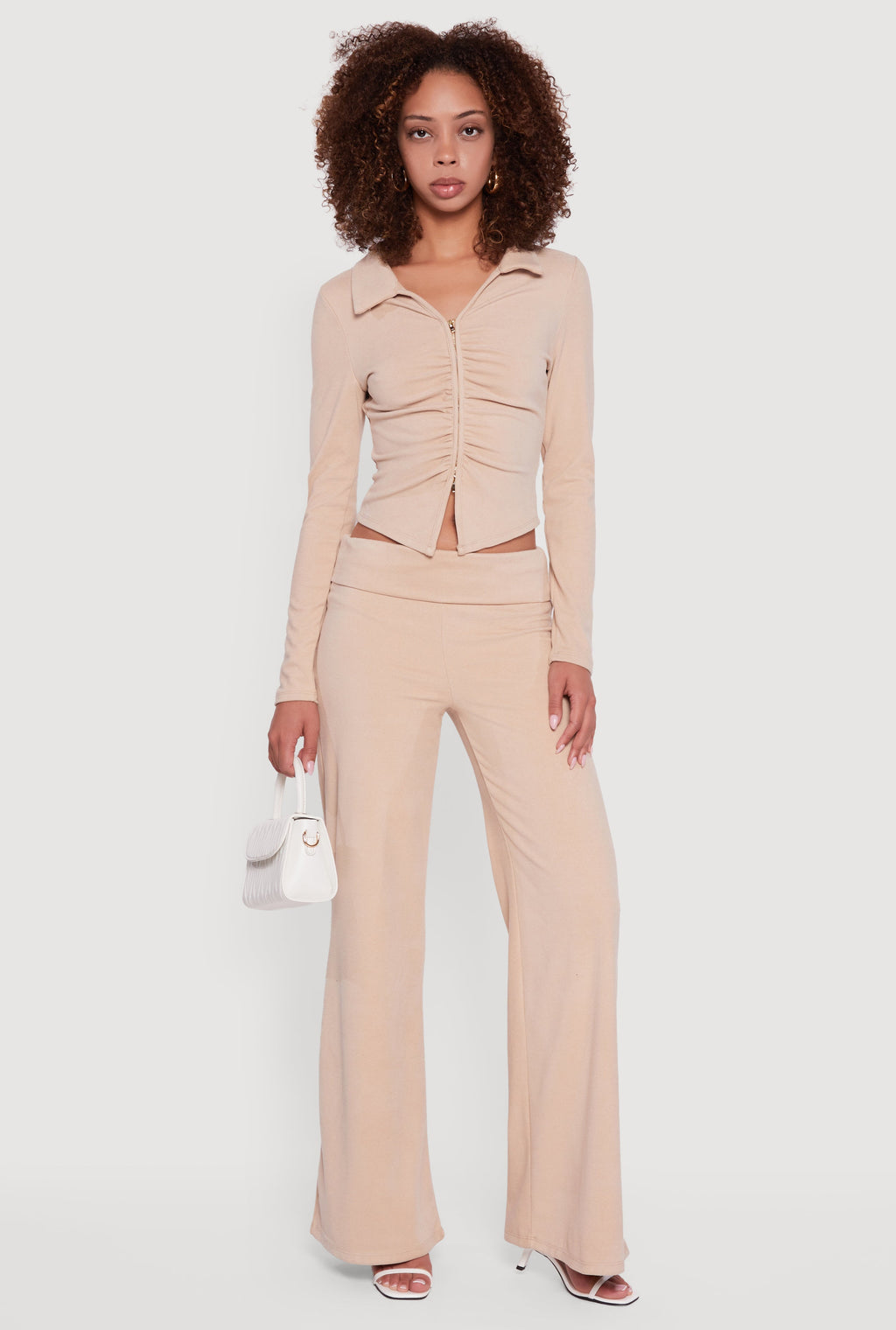 Brushed Ribbed Knit Fold Over Flare Pants