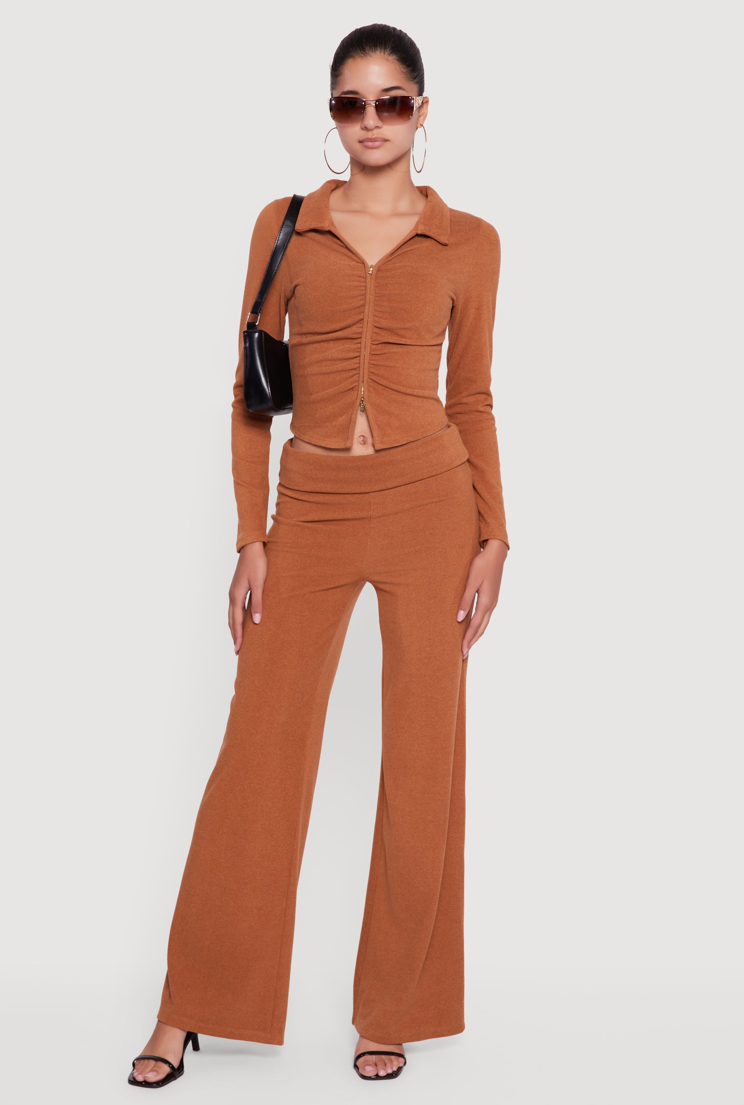 Brushed Ribbed Knit Fold Over Flare Pants