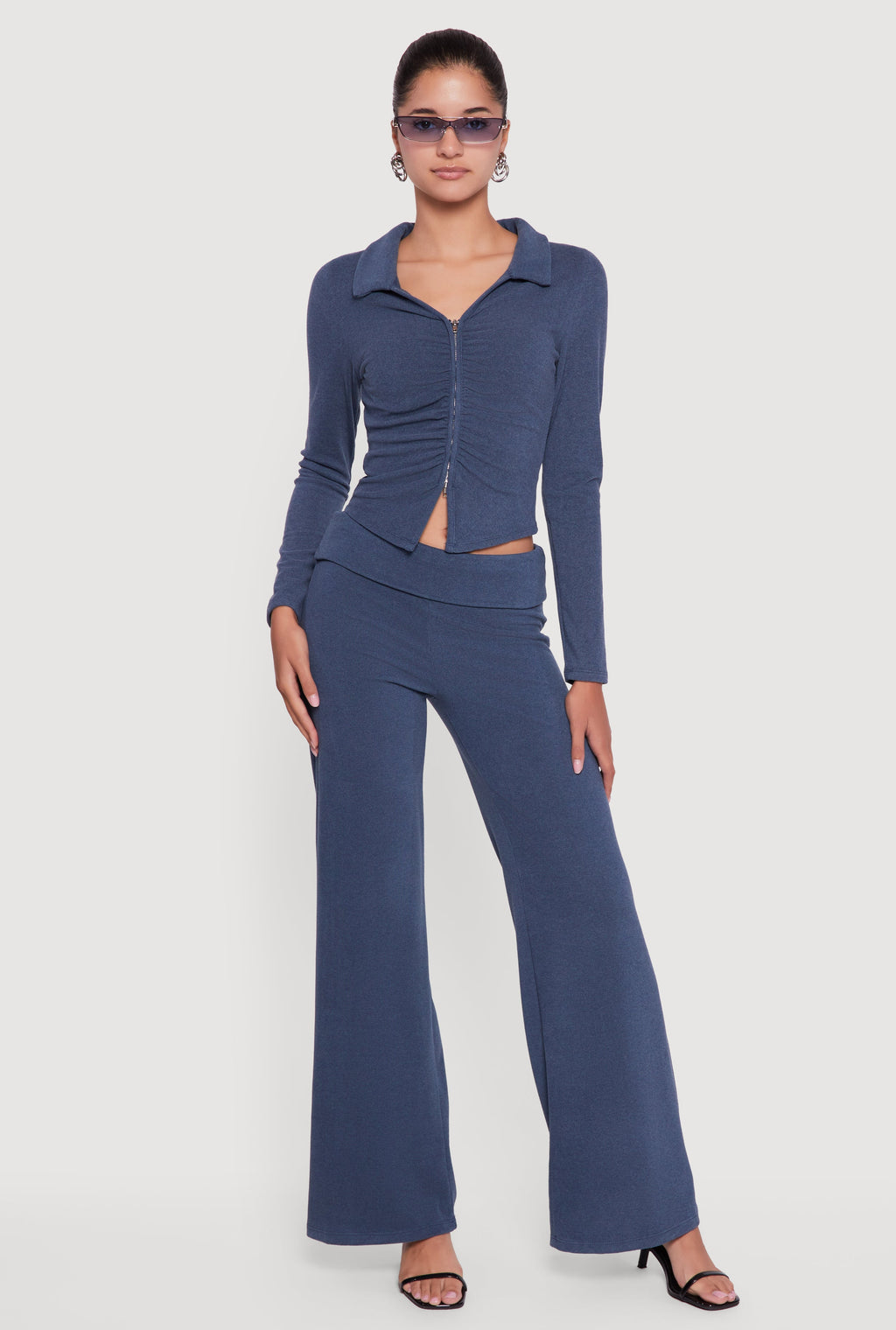 Brushed Ribbed Knit Fold Over Flare Pants