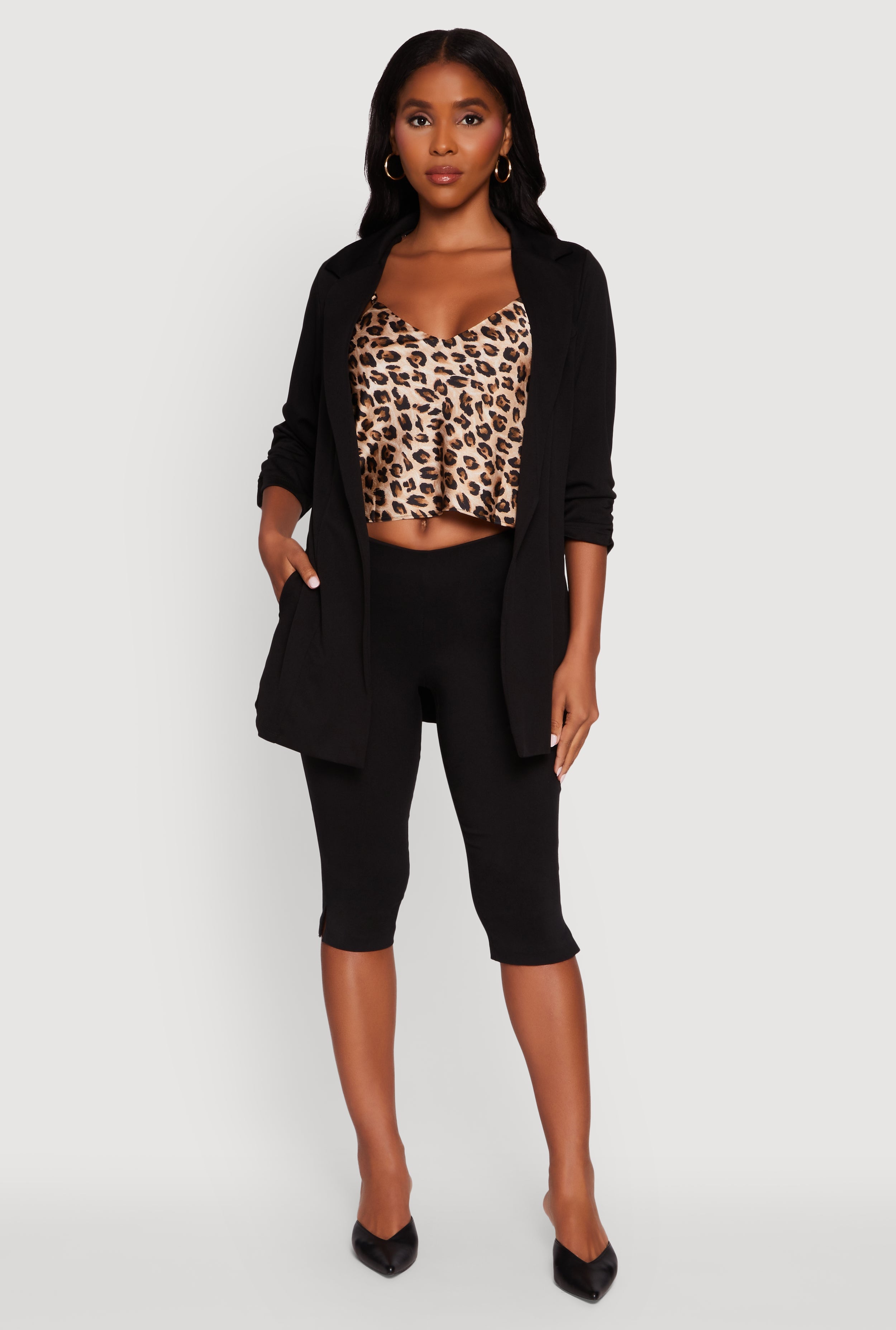 Textured Knit Ruched Sleeve Blazer