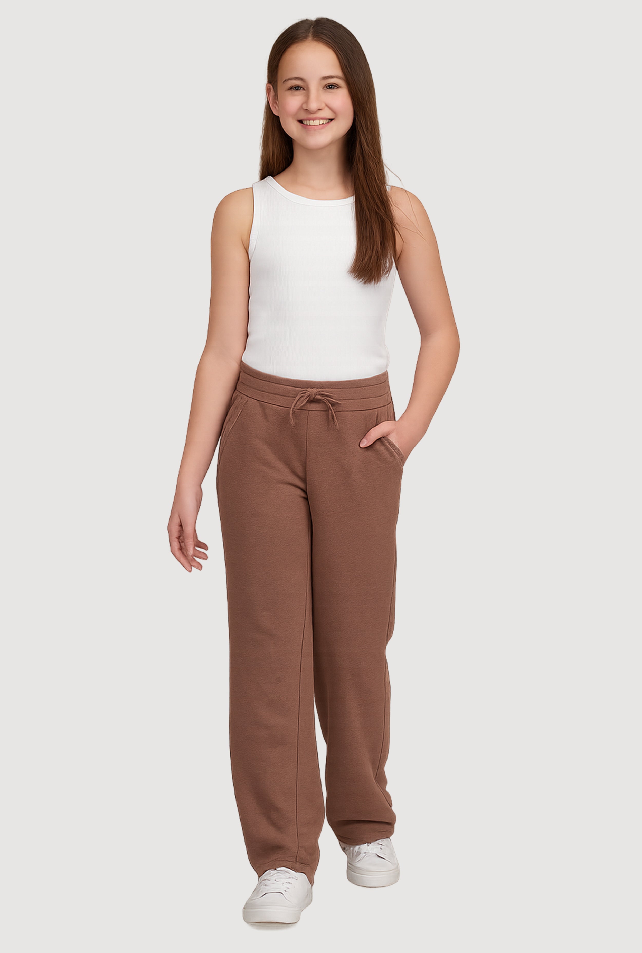 Girls Fleece Lined Wide Leg Raw Hem Sweatpants