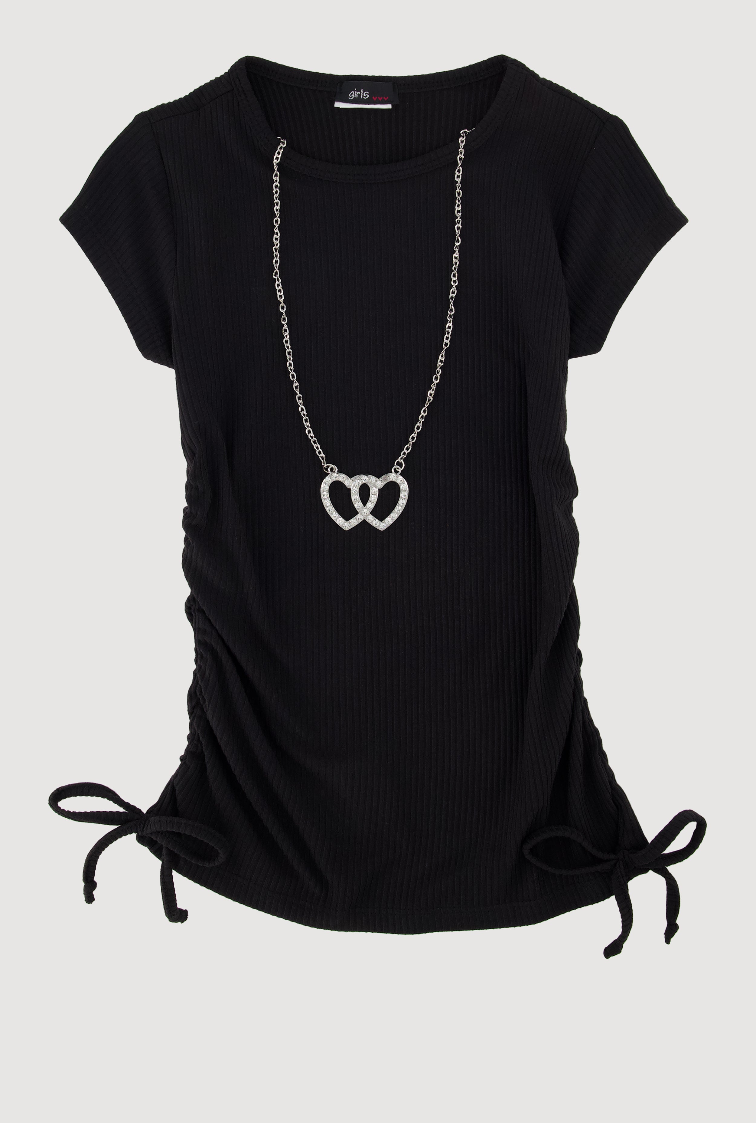 Little Girls Ribbed Knit Tee with Removable Double Heart Necklace