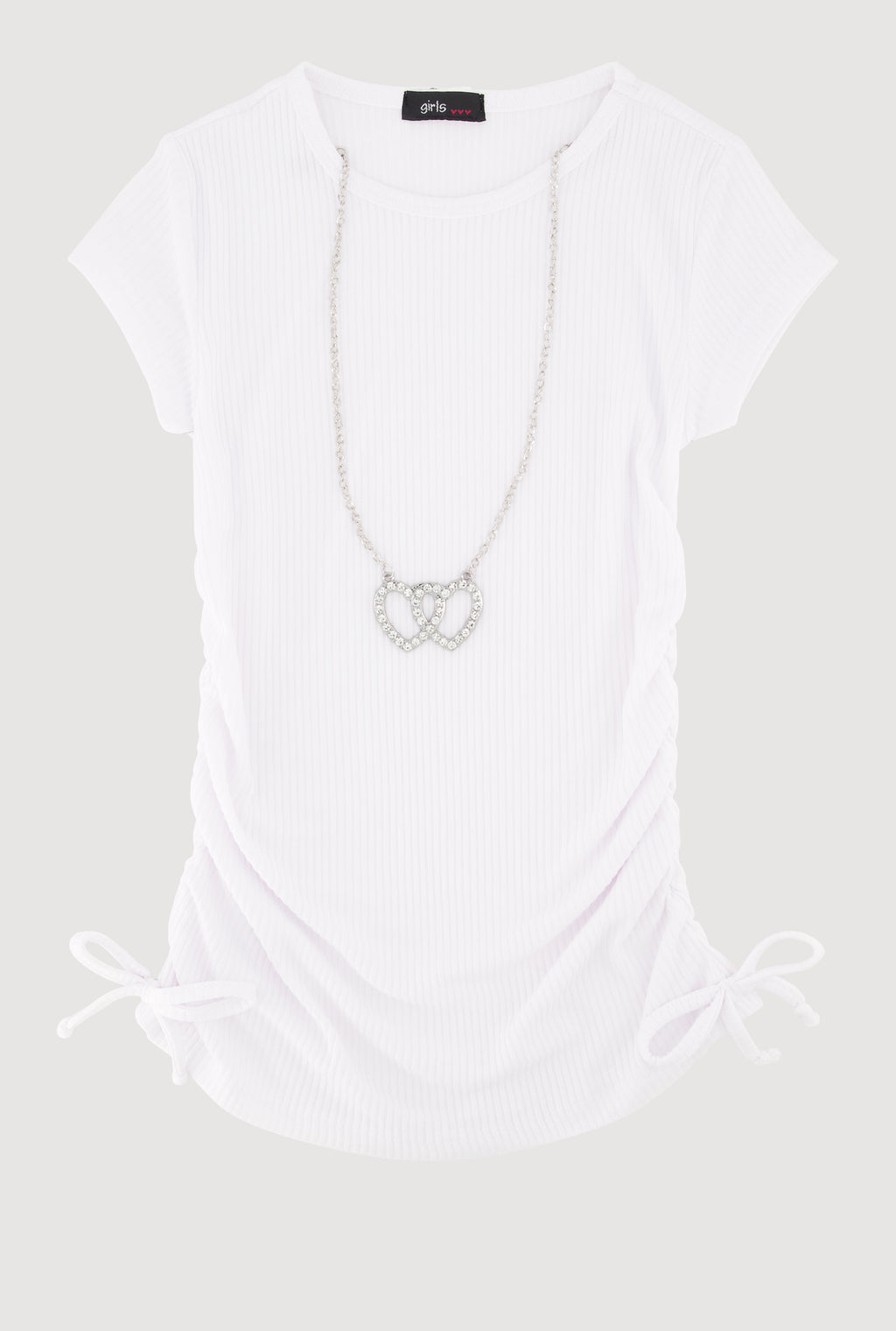 Little Girls Ribbed Knit Tee with Removable Double Heart Necklace