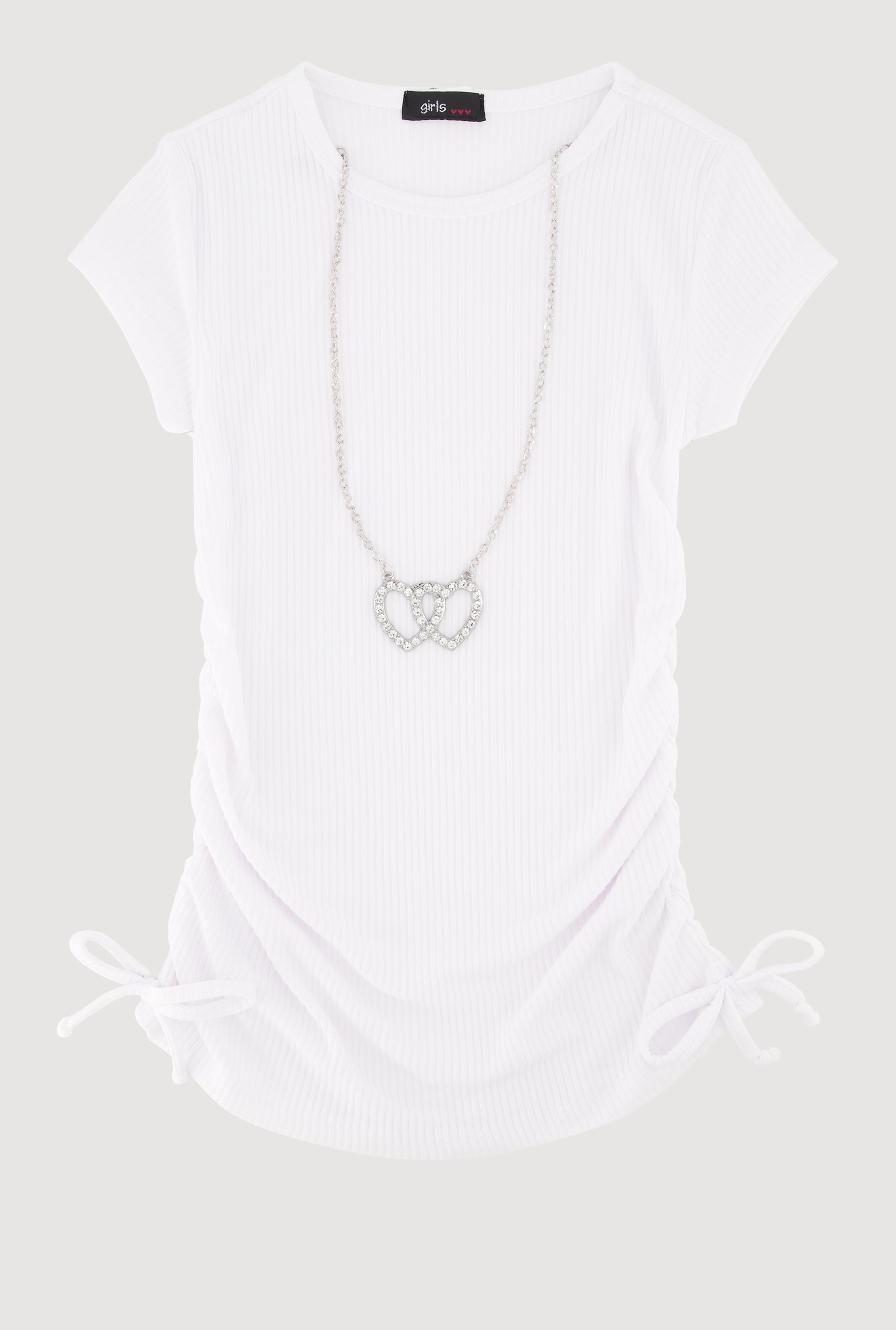 Little Girls Ribbed Knit Tee with Removable Double Heart Necklace