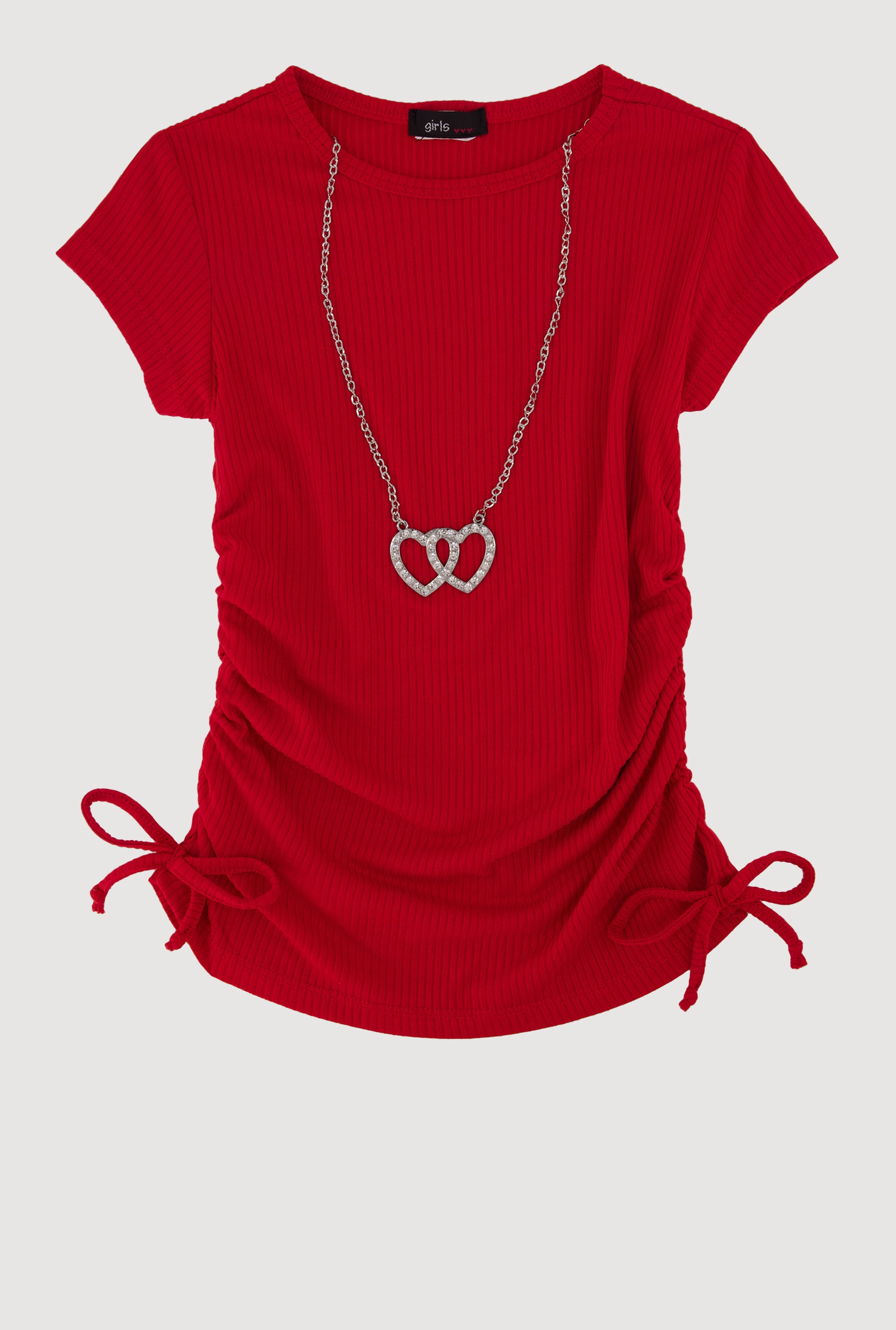 Little Girls Ribbed Knit Tee with Removable Double Heart Necklace