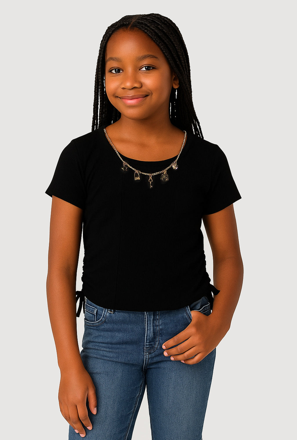 Girls Ribbed Knit Side Ruched T-Shirt with Charm Necklace