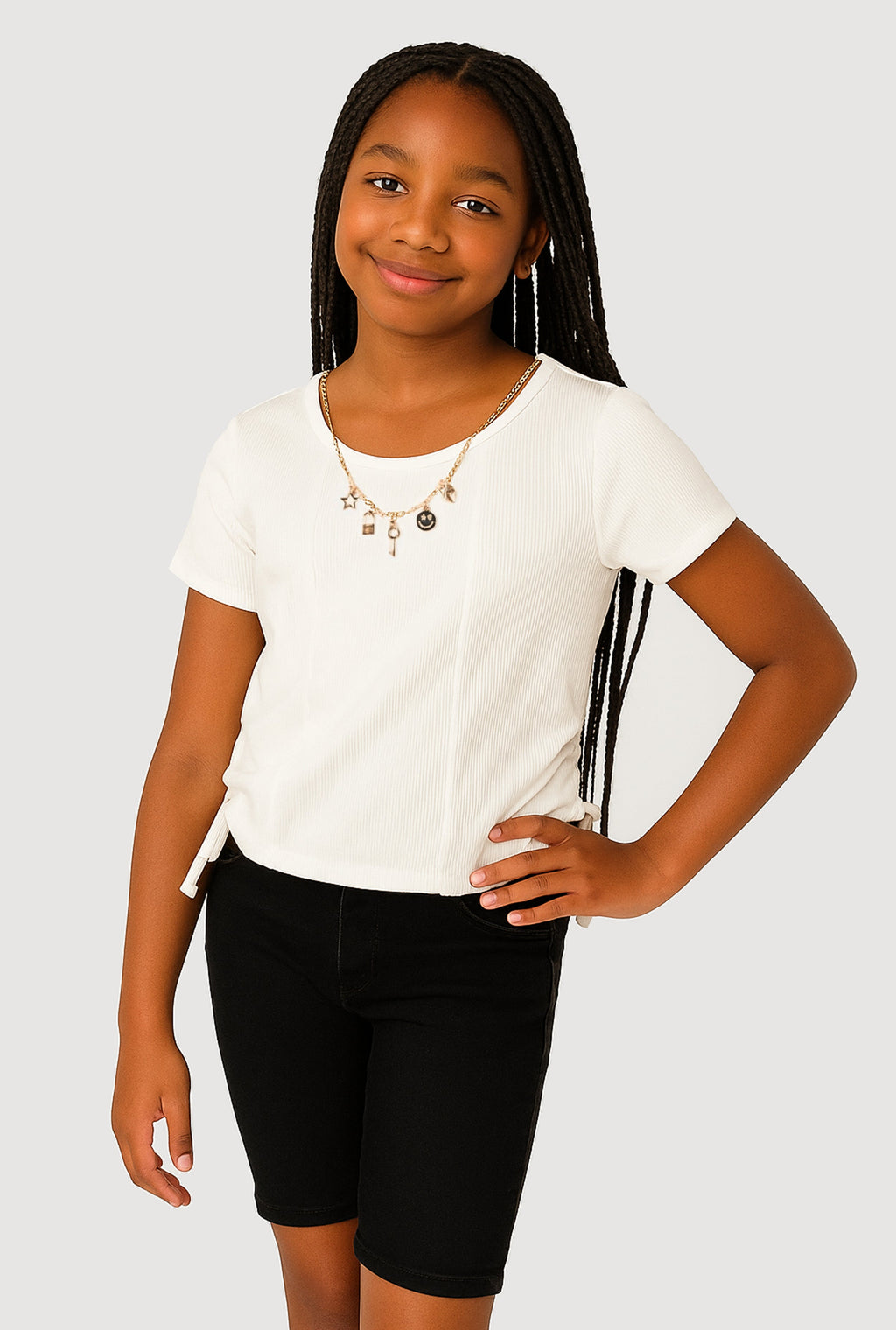 Girls Ribbed Knit Side Ruched T-Shirt with Charm Necklace