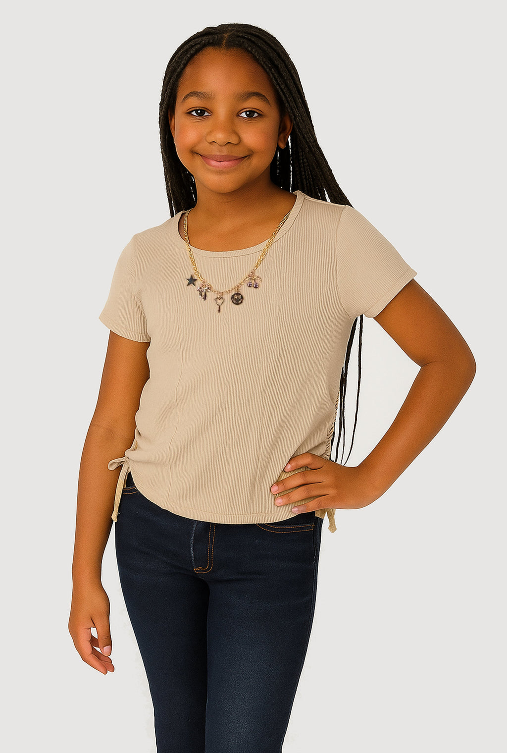 Girls Ribbed Knit Side Ruched T-Shirt with Charm Necklace