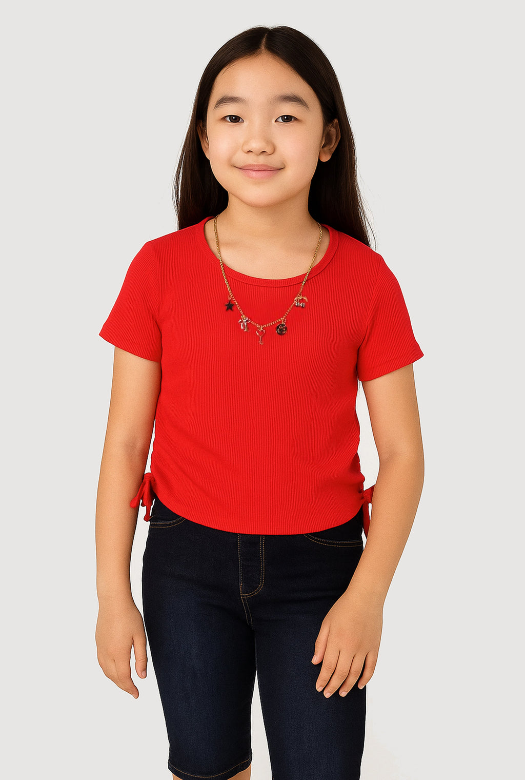 Girls Ribbed Knit Side Ruched T-Shirt with Charm Necklace