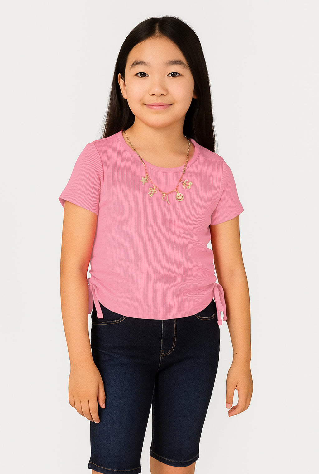 Girls Ribbed Knit Side Ruched T-Shirt with Charm Necklace
