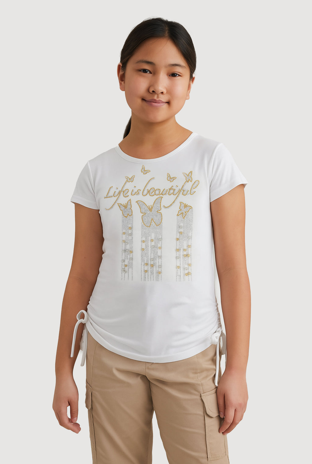 Girls Rhinestone Life Is Beautiful Ruched Side Graphic Tee