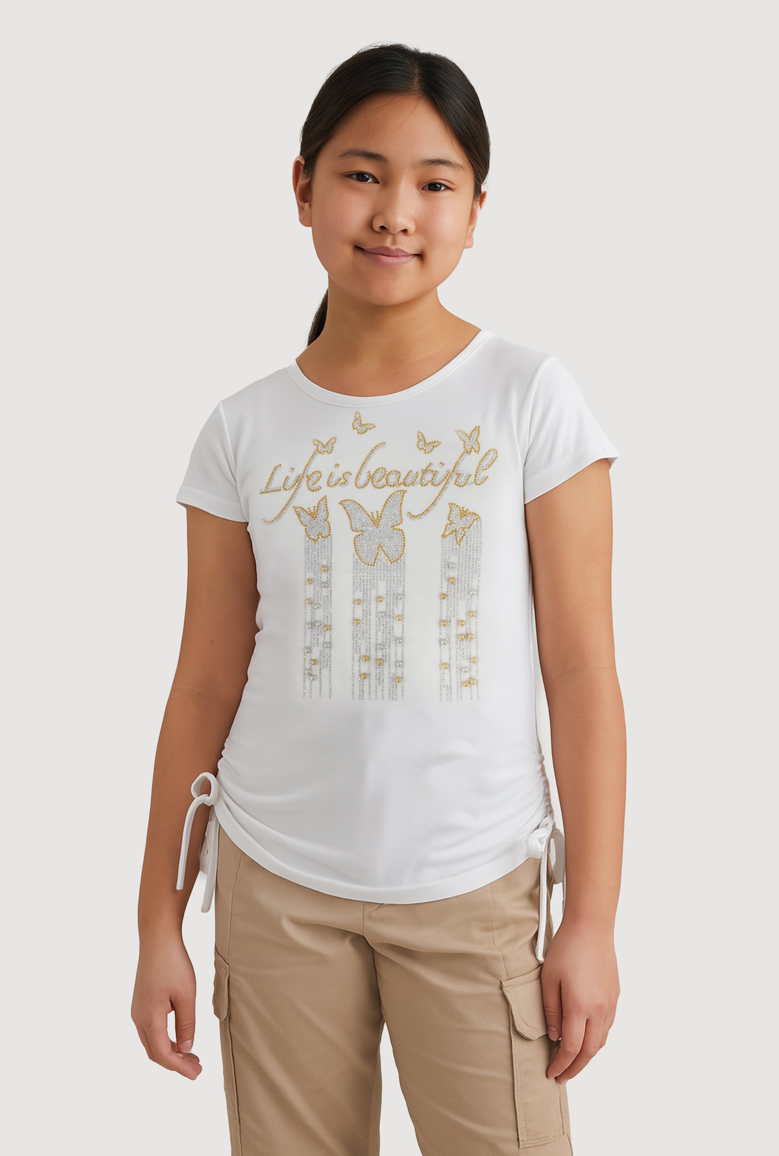 Girls Rhinestone Life Is Beautiful Ruched Side Graphic Tee