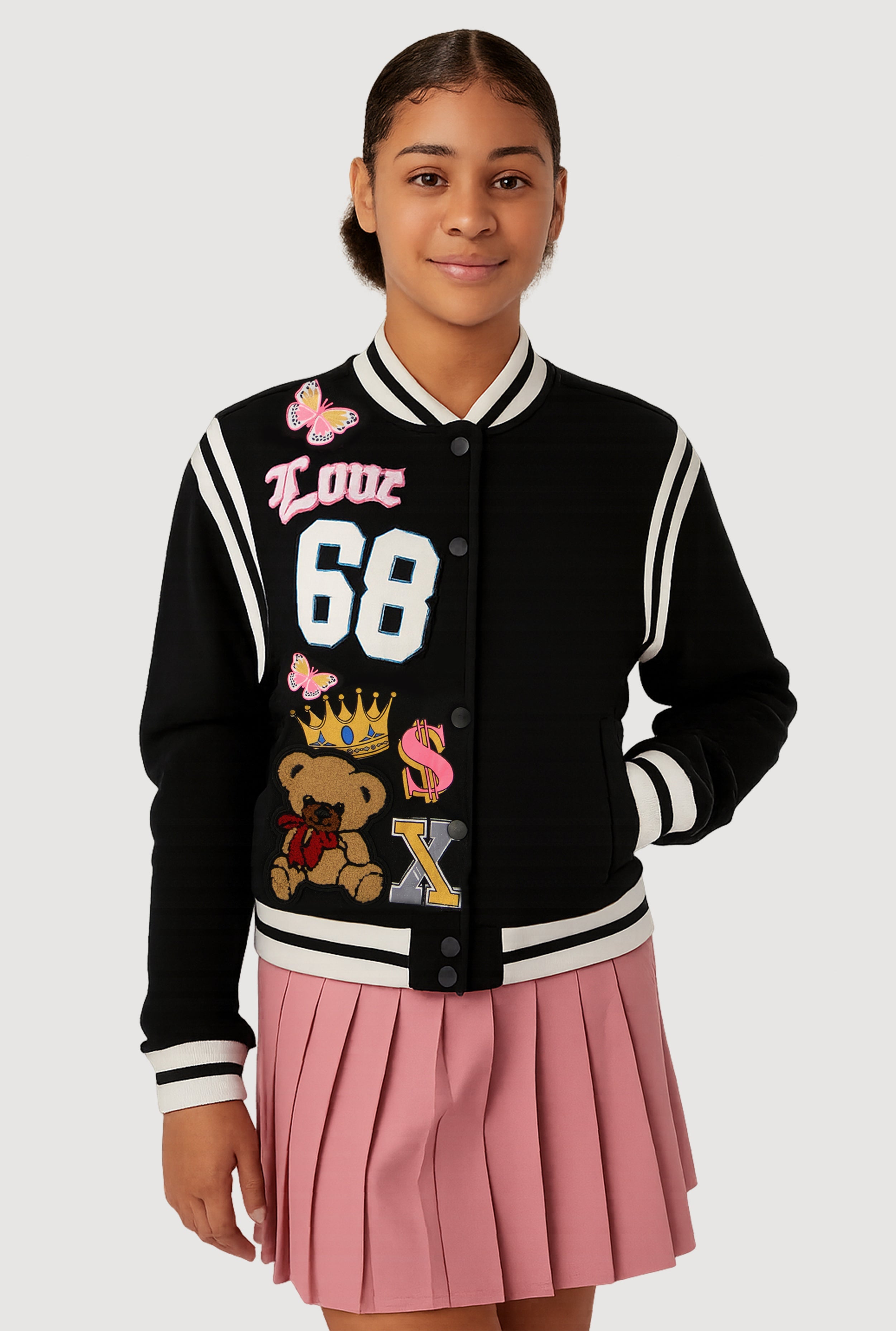 Girls Chenille 68 Bear Patch Graphic Varsity Jacket