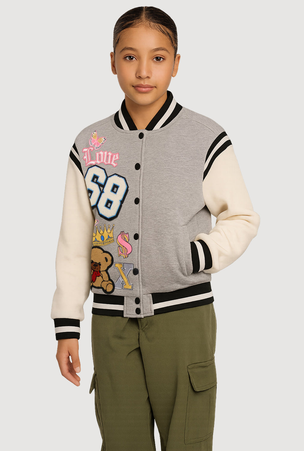 Girls Chenille 68 Bear Patch Graphic Varsity Jacket
