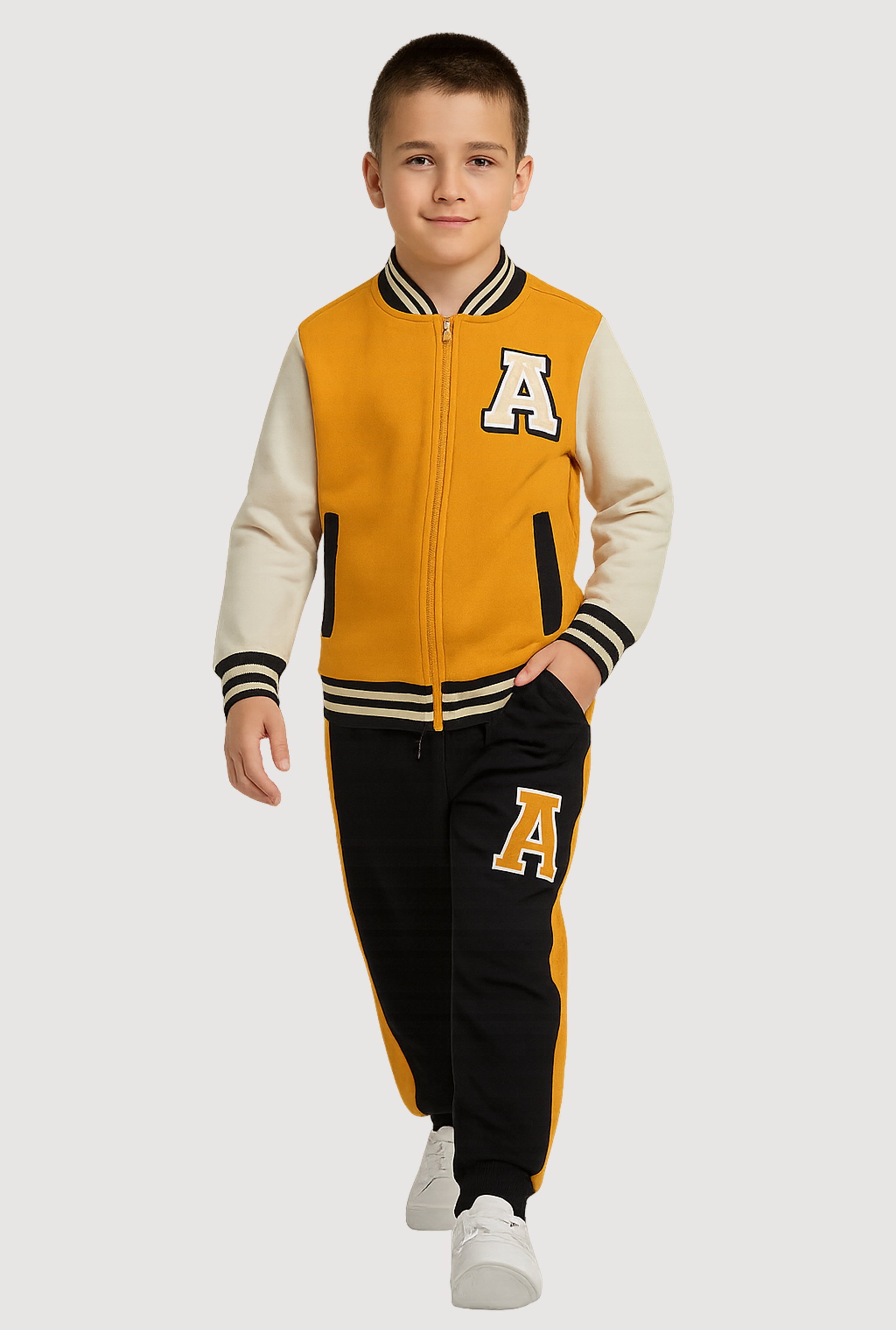 Little Boys A Patch Color Block Varsity Jacket and Joggers Set