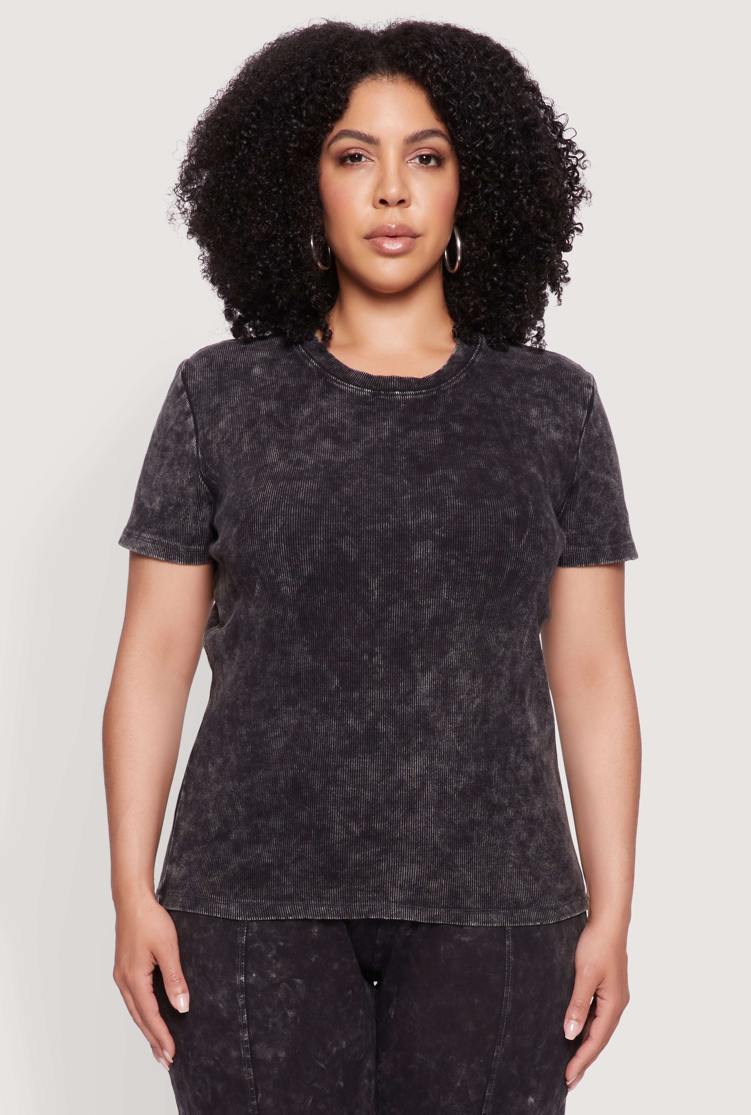 Plus Size Rib Knit Acid Wash Crew Neck Tee