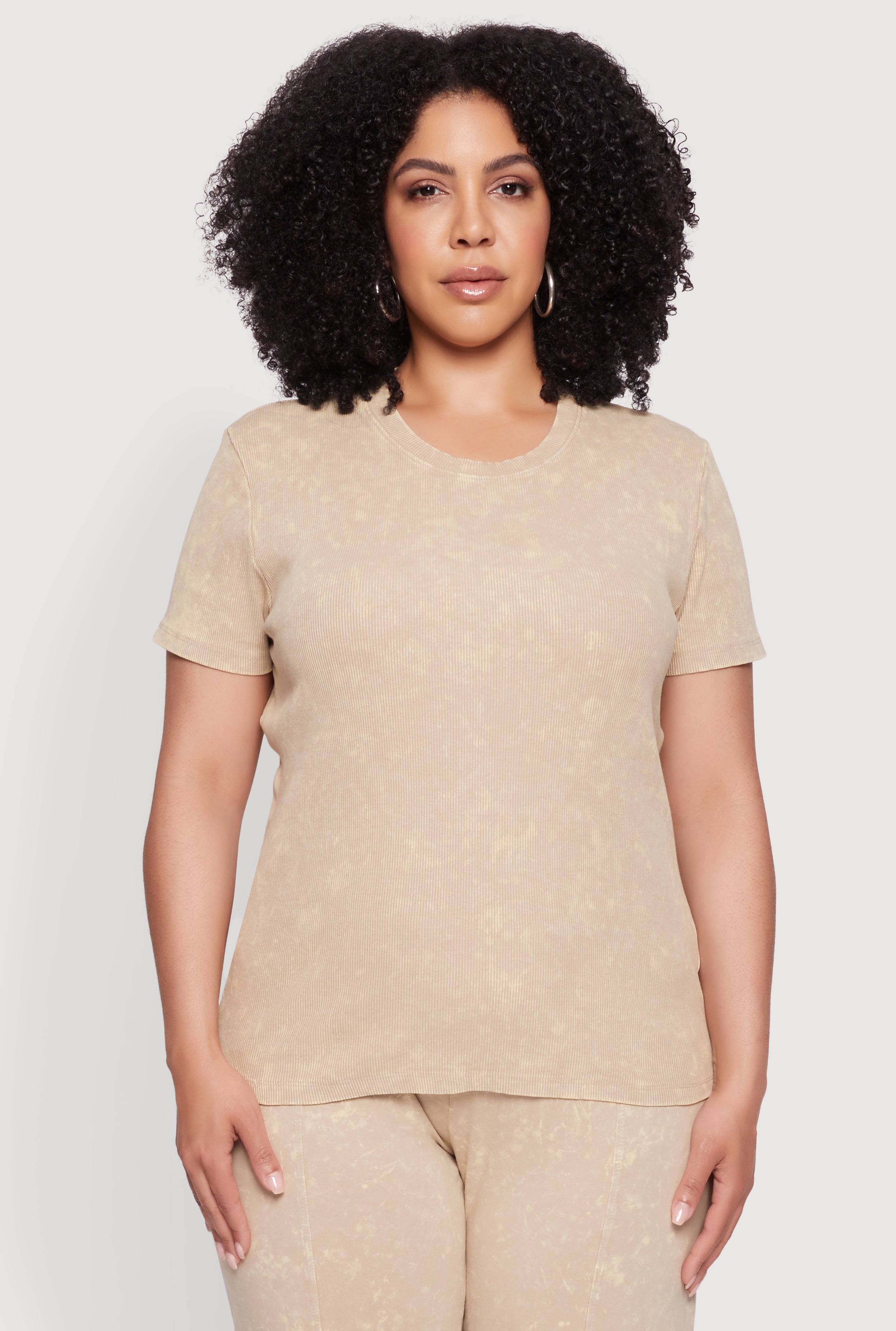 Plus Size Rib Knit Acid Wash Crew Neck Tee