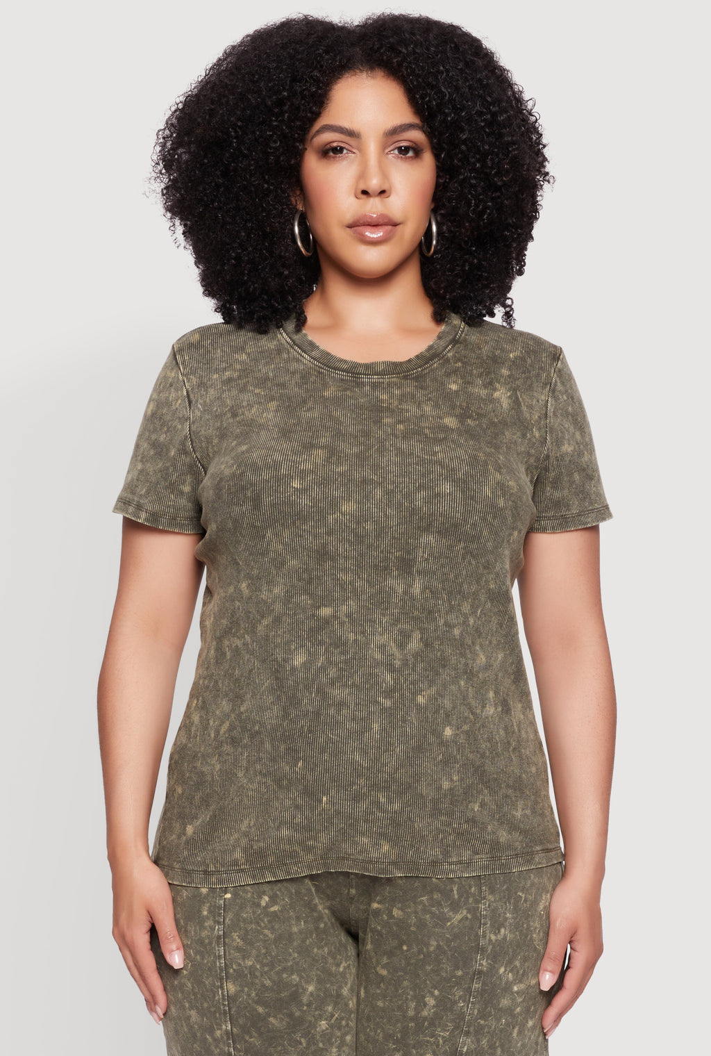 Plus Size Rib Knit Acid Wash Crew Neck Tee