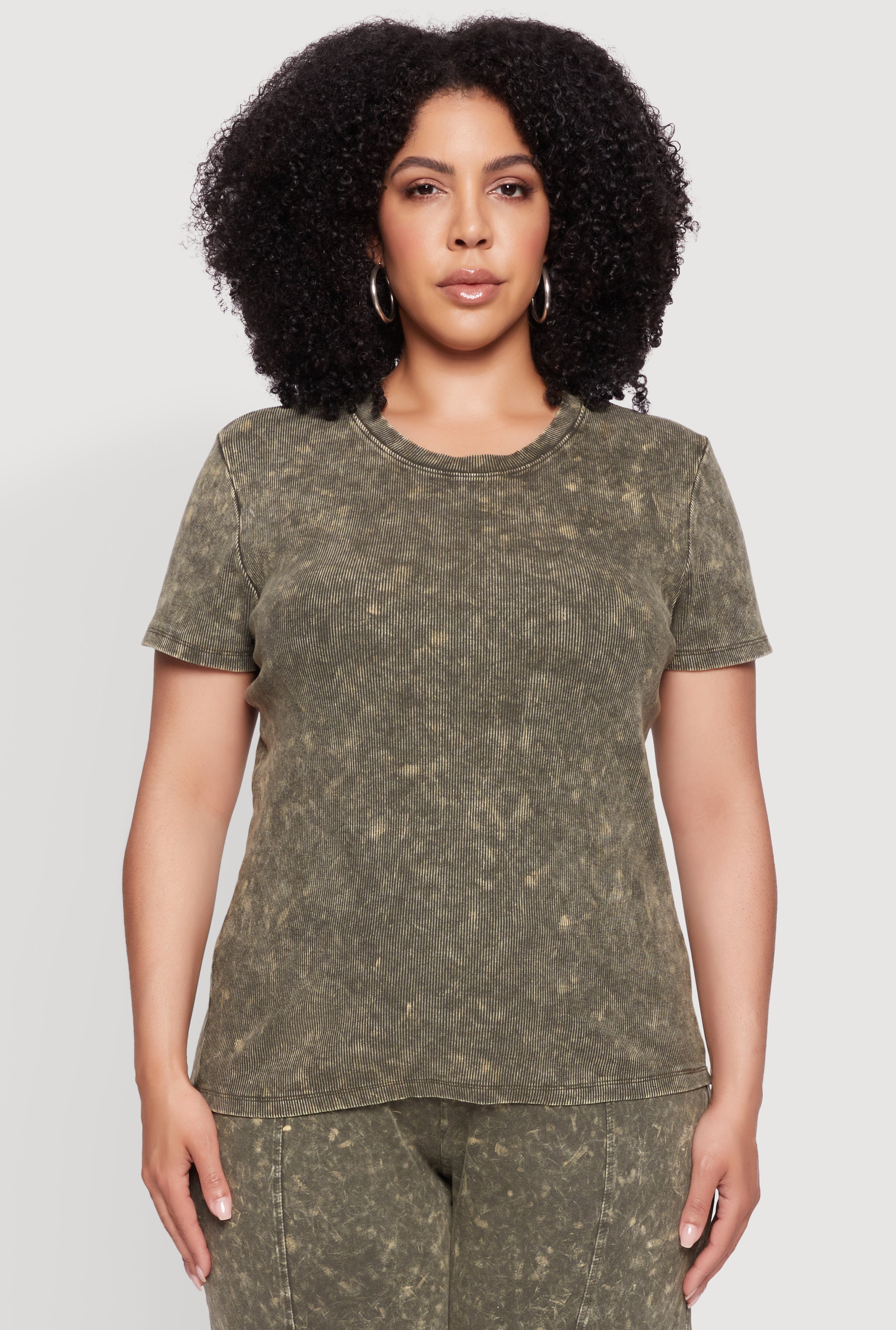 Plus Size Rib Knit Acid Wash Crew Neck Tee