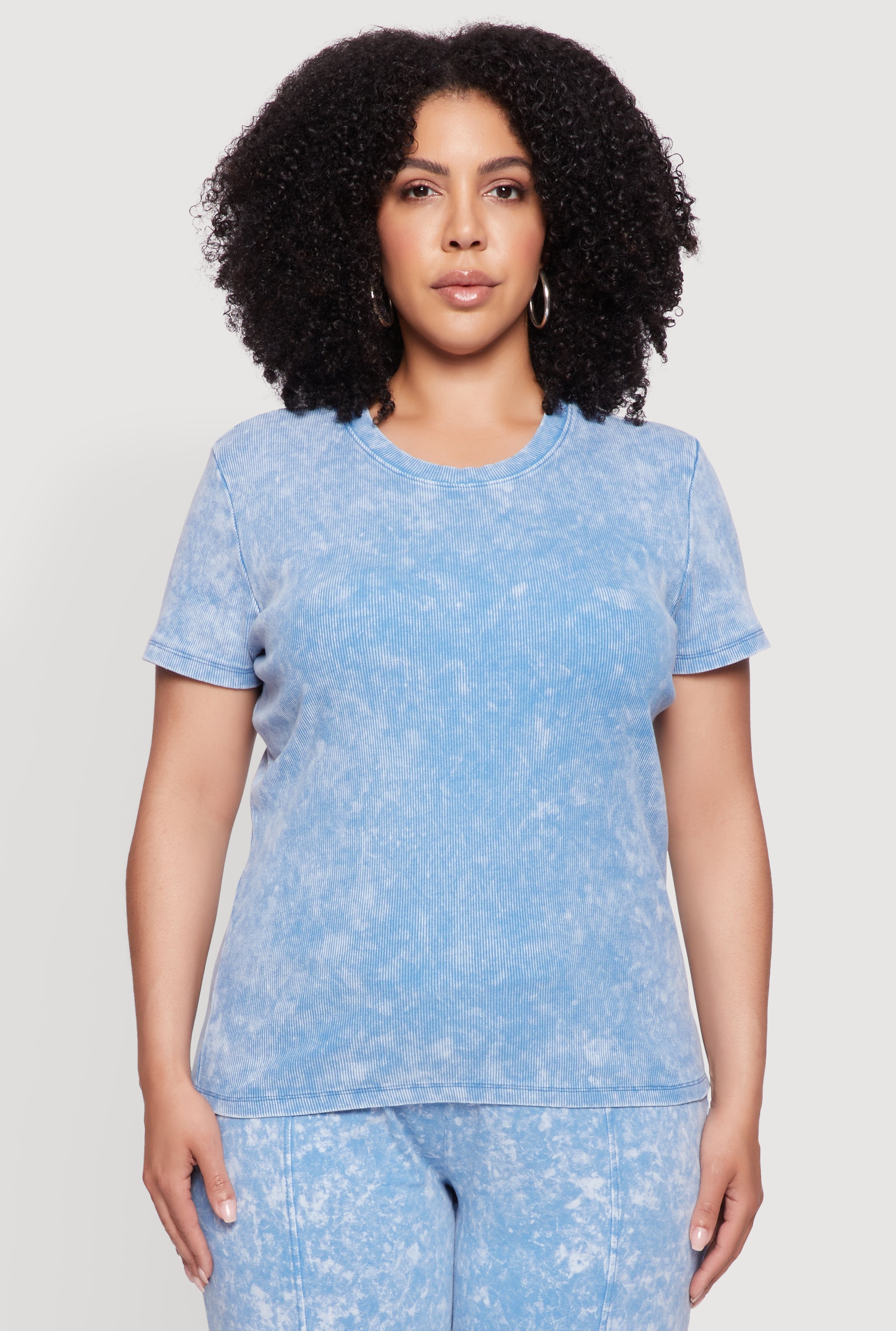 Plus Size Rib Knit Acid Wash Crew Neck Tee