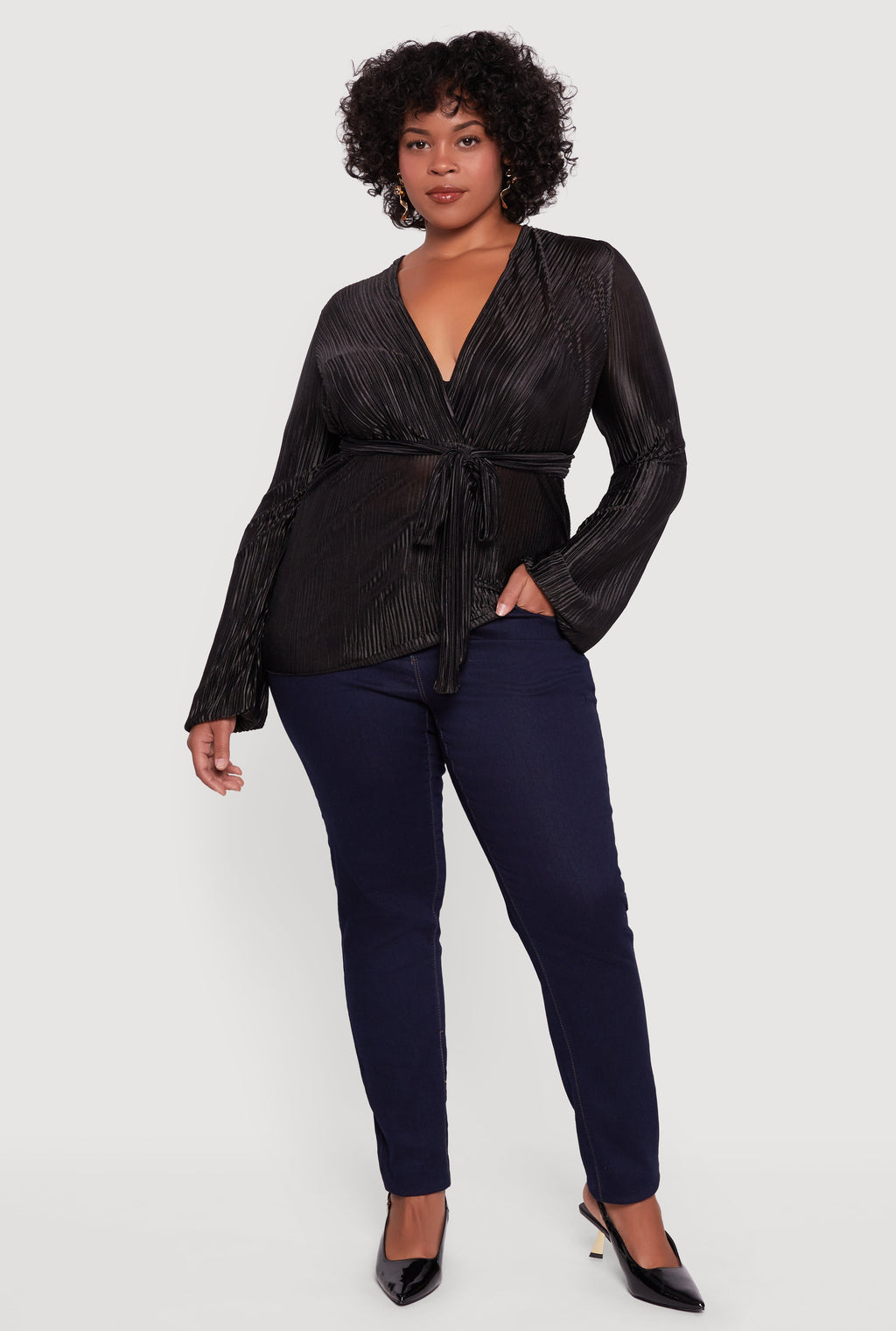 Plus Size Plisse Long Sleeve Tie Waist Wrap Top