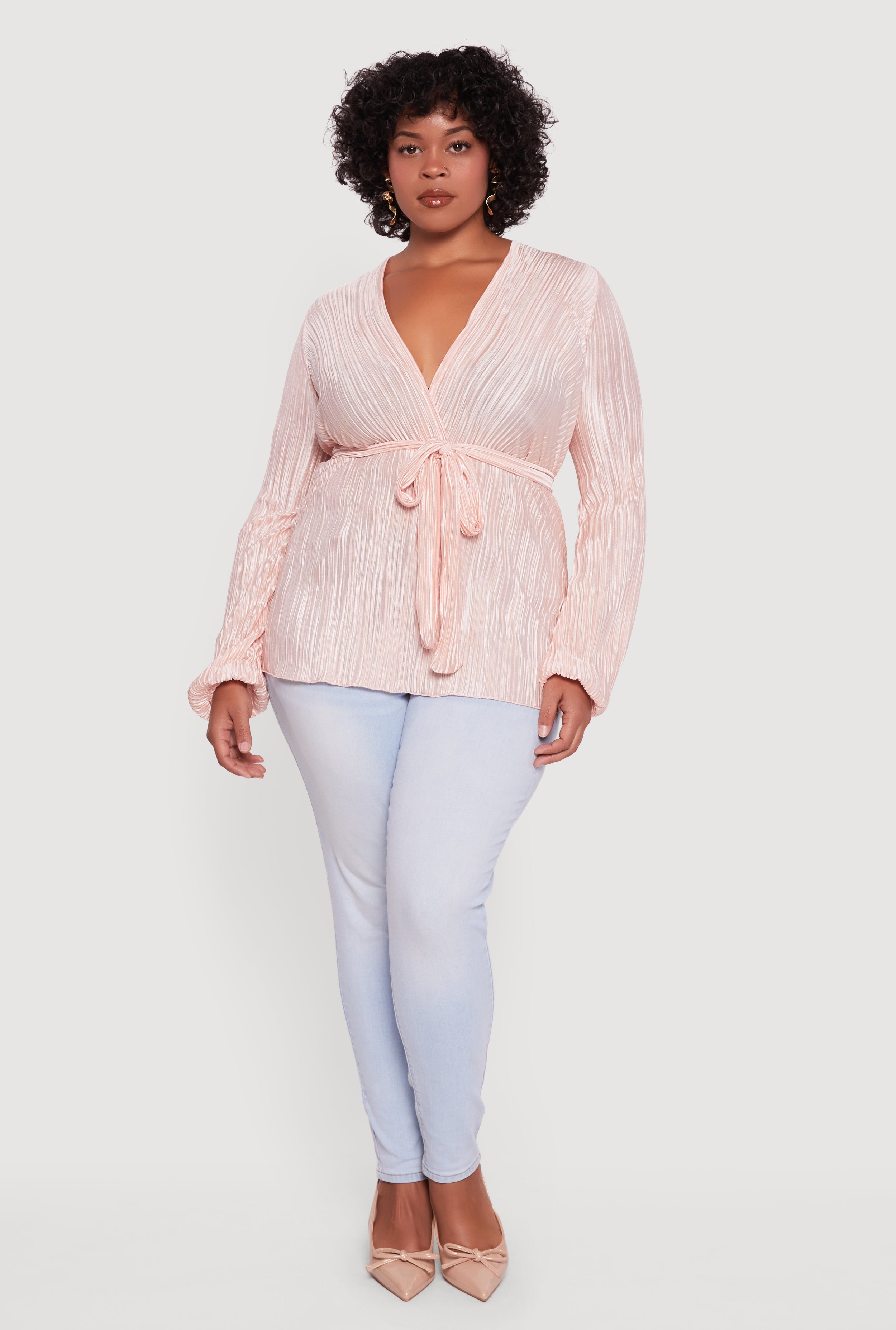 Plus Size Plisse Long Sleeve Tie Waist Wrap Top