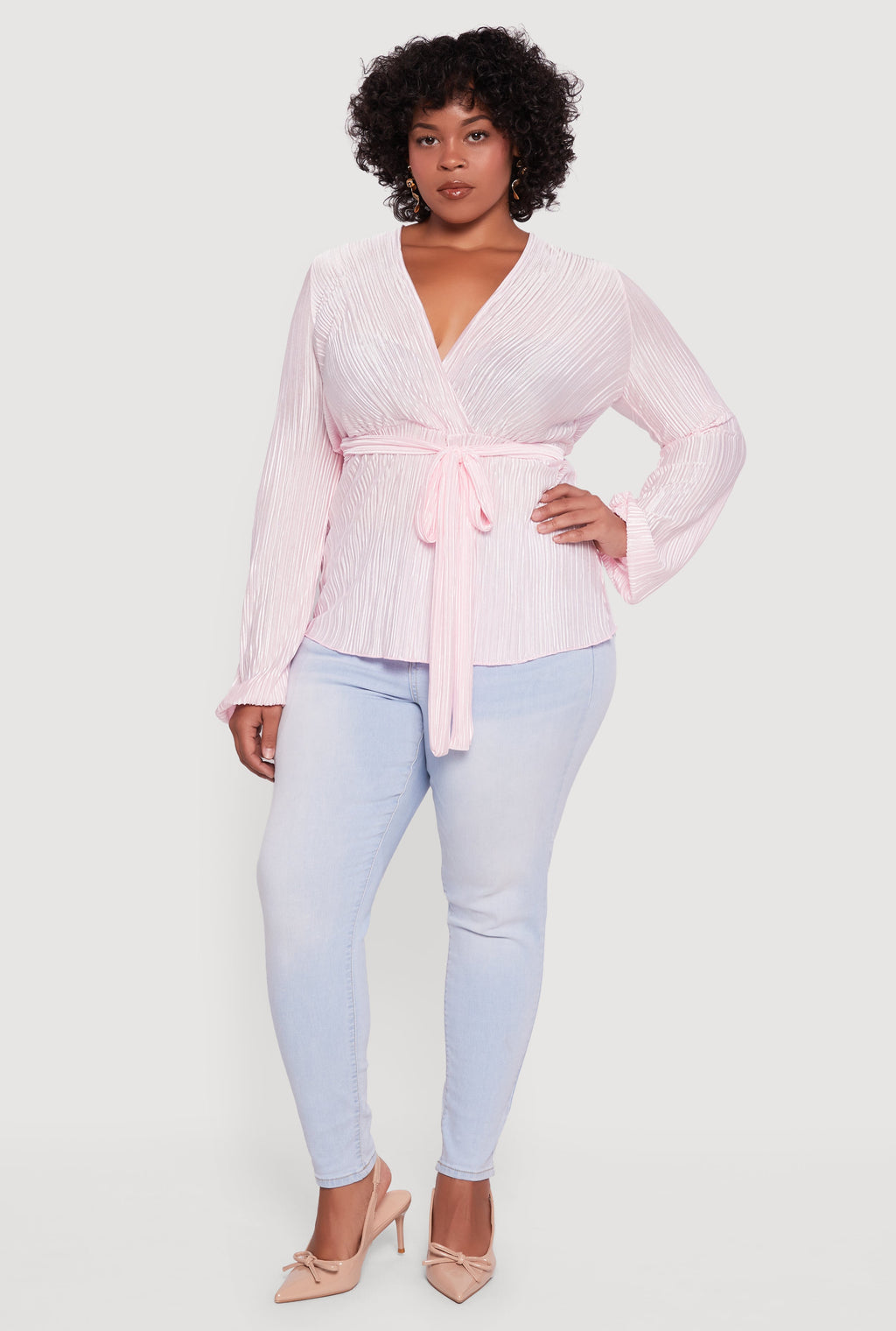 Plus Size Plisse Long Sleeve Tie Waist Wrap Top