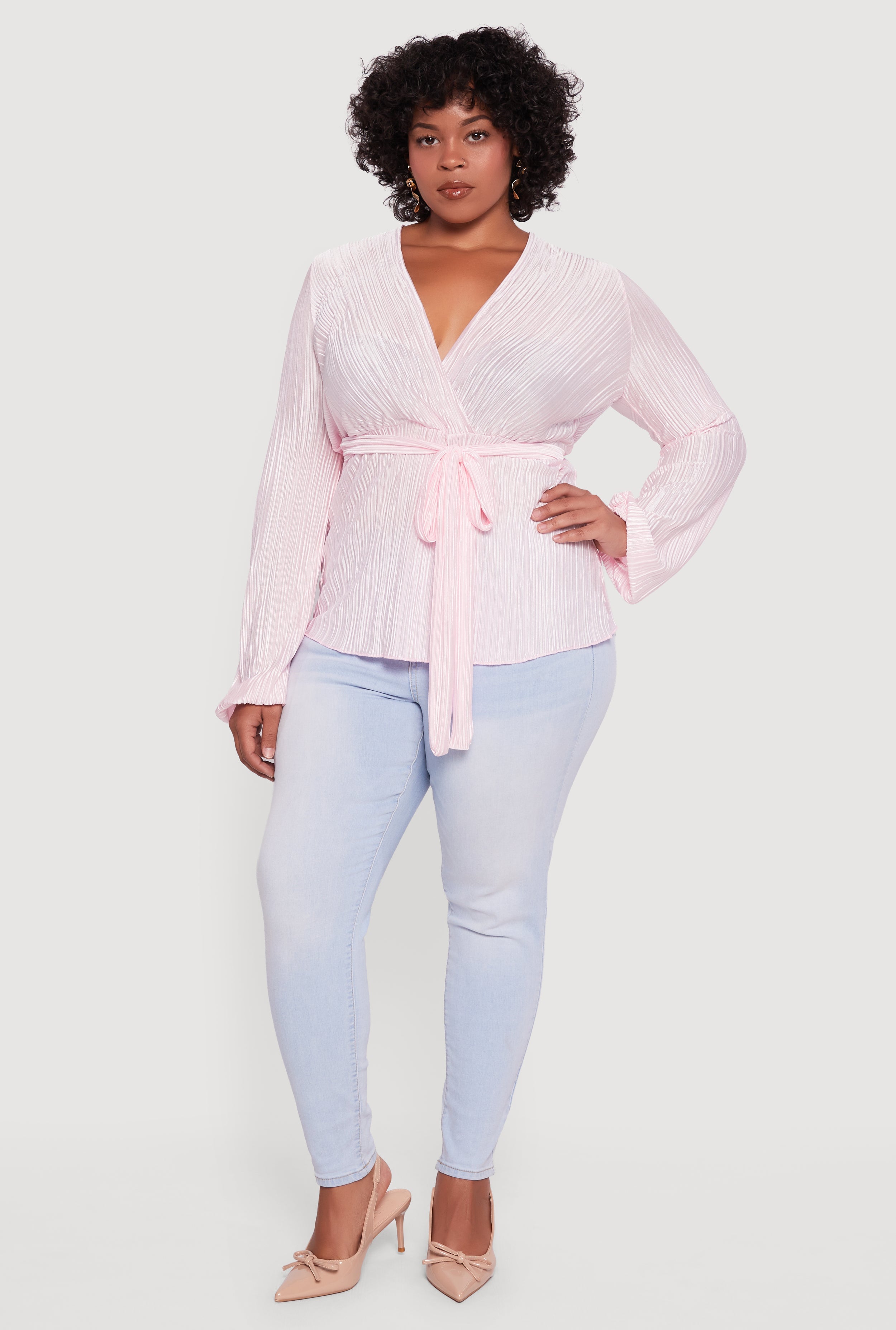 Plus Size Plisse Long Sleeve Tie Waist Wrap Top