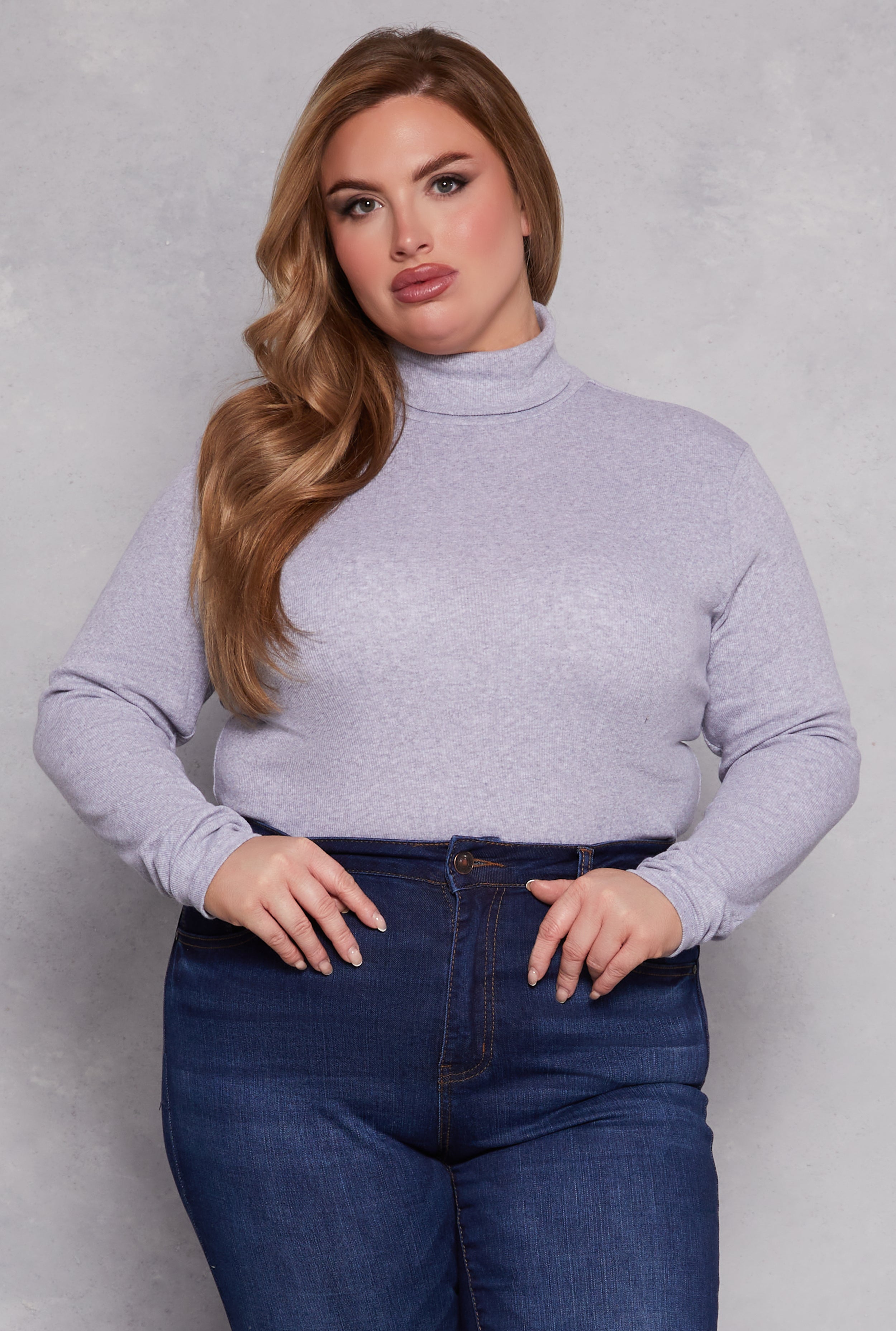 Plus Size Ribbed Knit Long Sleeve Turtleneck Top